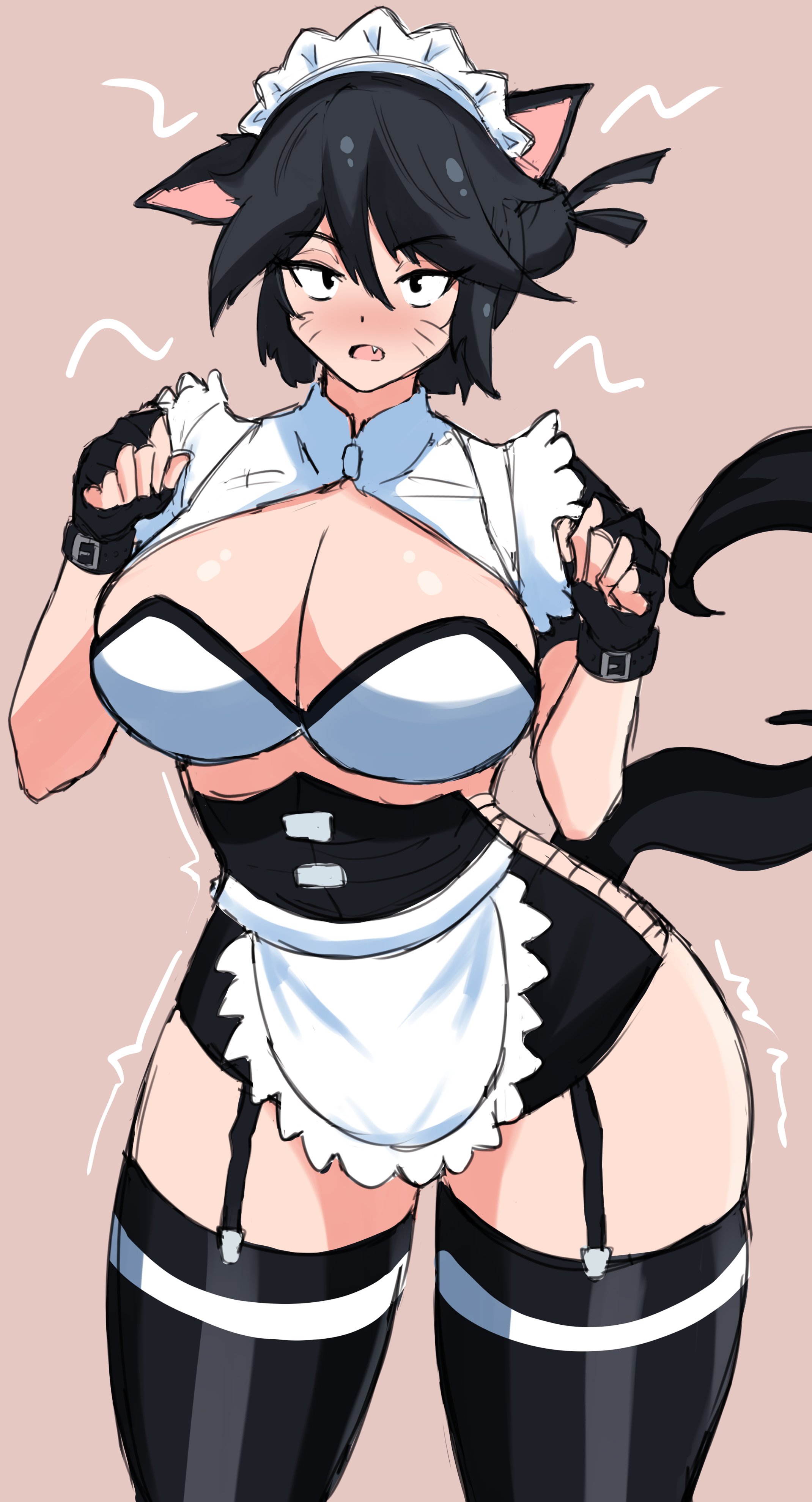 1girls, 2022, absurd res, big breasts, black eyes, black hair, black legwear, blush, borrowed character, breasts, cat ears, cat girl, cat pose, cat tail, catgirl, female, female only, garter straps, legwear, looking at viewer, lucia (scott malin), maid, maid headdress, maid uniform, narrowed eyes, nyapii, plain background, pose, solo, solo female, tail, thick thighs, whisker markings