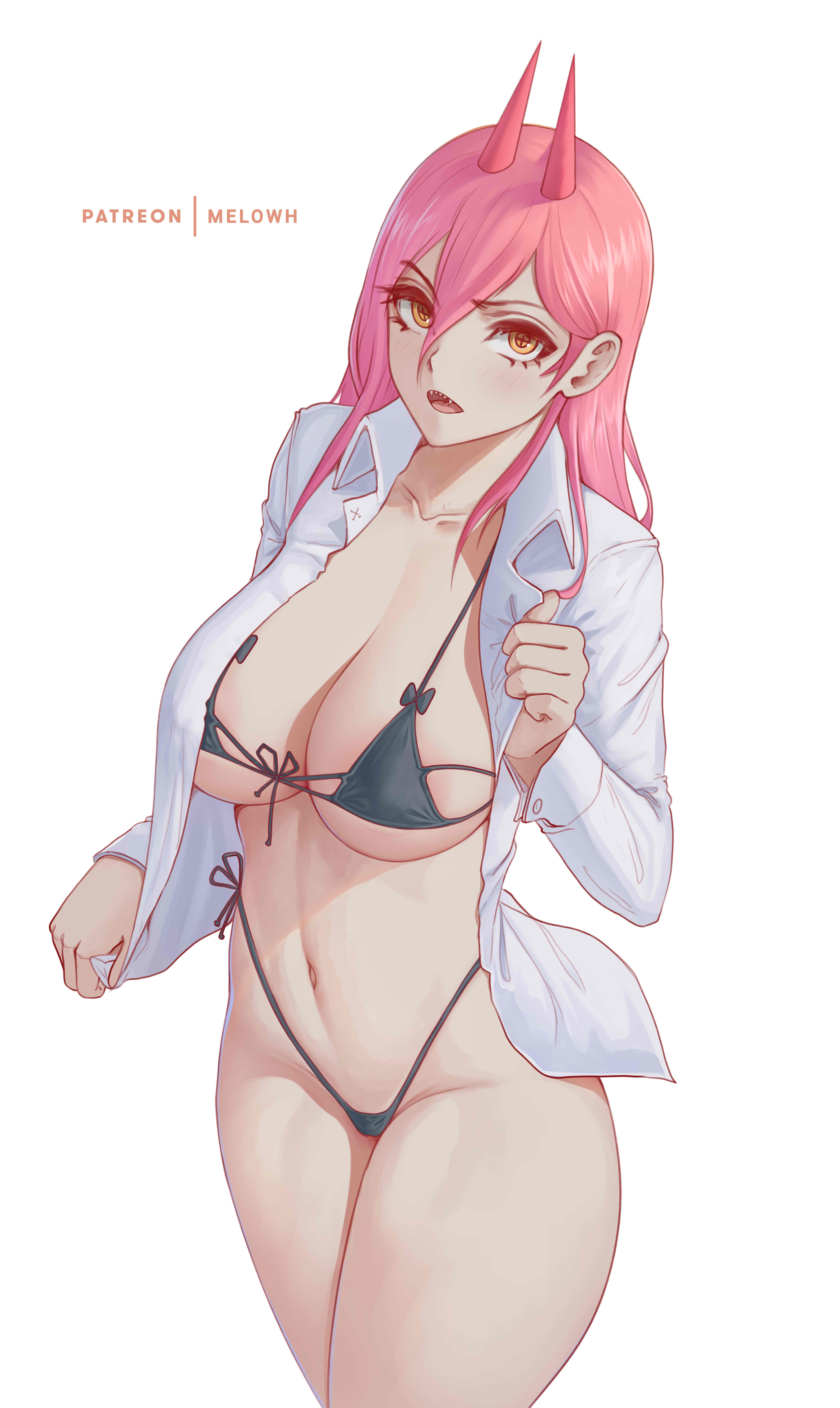 1girls, big breasts, breasts, chainsaw man, demon, demon girl, demon horns, eye contact, female, female only, horns, huge breasts, looking at viewer, melowh, micro bikini, patreon logo, pink hair, power (chainsaw man), sharp teeth, solo, solo female, standing, thick thighs, thighs, thong, white background, wide hips, yellow eyes