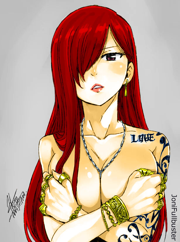 1girls, arya-aiedail, big breasts, breasts, brown eyes, cleavage, covering breasts, erza scarlet, fairy tail, female, long hair, nude, red hair, red-haired female, tattoo, tattoos, topless