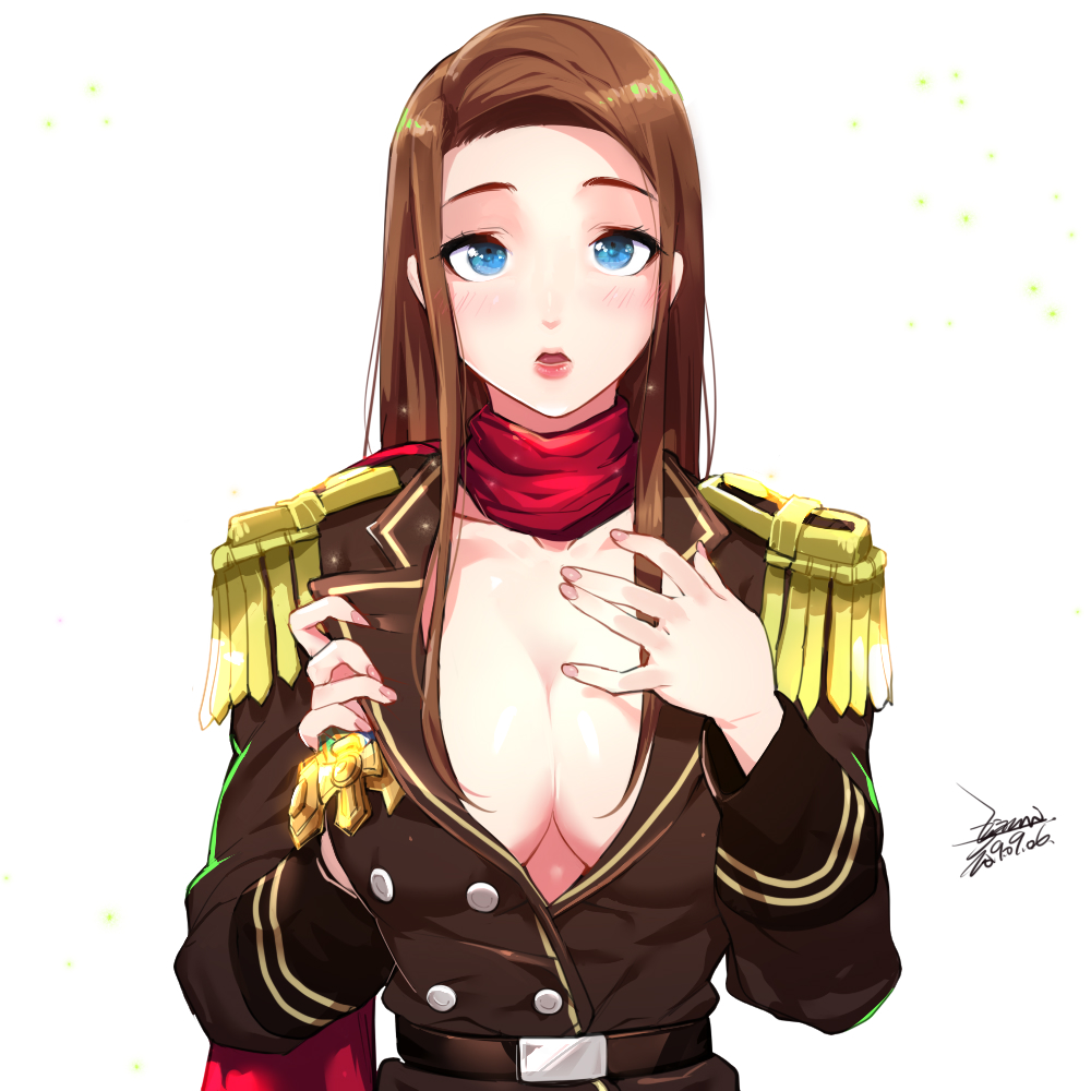 1girls belt blue_eyes blush brown_hair cleavage cute ejami female female_only gyakuten_saiban lana_skye long_hair looking_at_viewer military_jacket military_uniform scarf signature tagme unbuttoned_jacket uniform