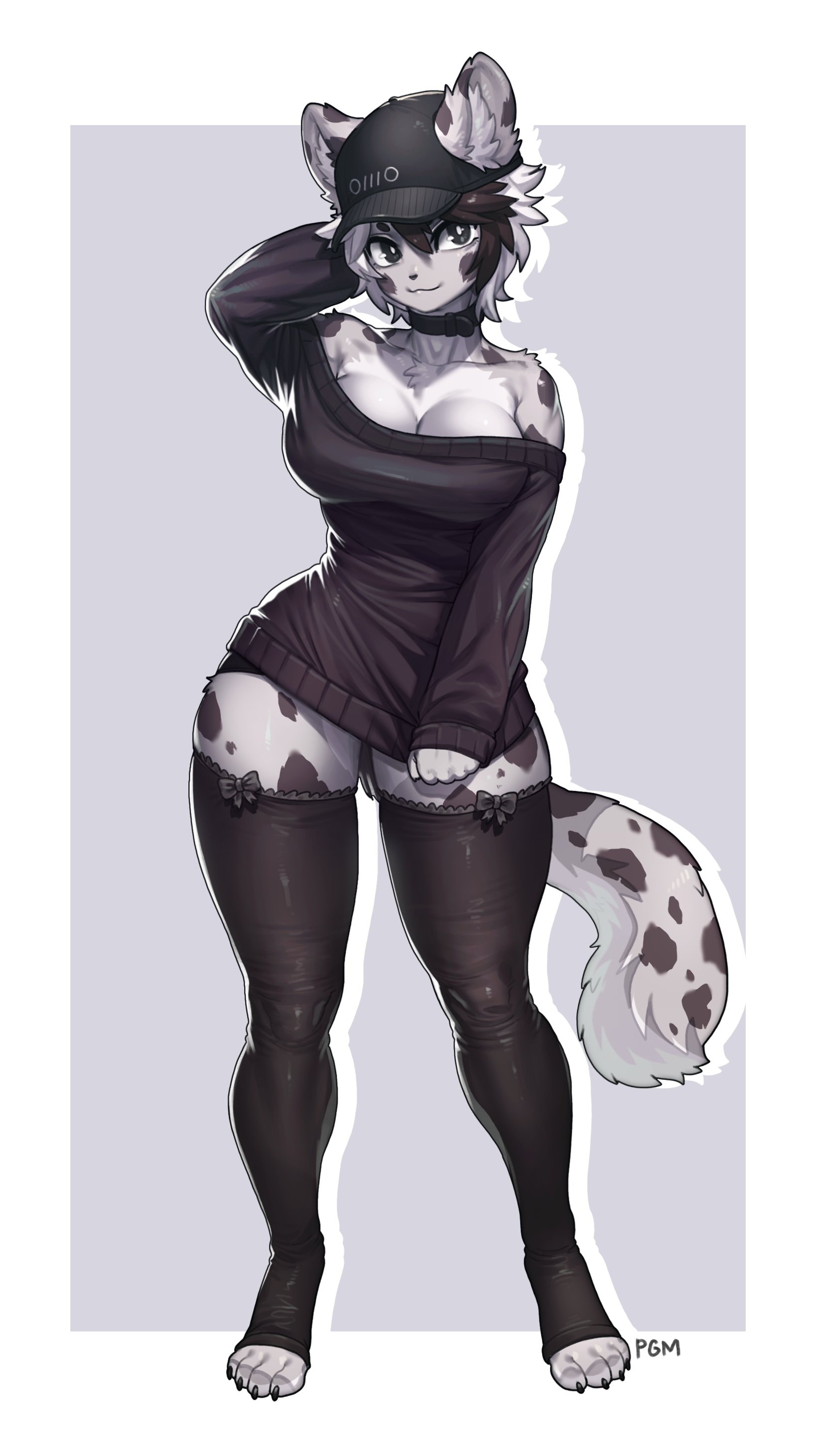 1girls, anthro, arm behind head, black eyes, black hair, black thighhighs, cleavage, commission, countershading, female, female only, full body, fur, furry, furry only, grey fur, leopard, leopard ears, leopard tail, looking at viewer, pantherine, schewiener, small waist, smiling at viewer, snow leopard, solo, solo female, spotted fur, sweater, tail, thick thighs, thighhighs, toeless legwear, two-tone hair, very high resolution, vi (hiioh), white hair, wide hips