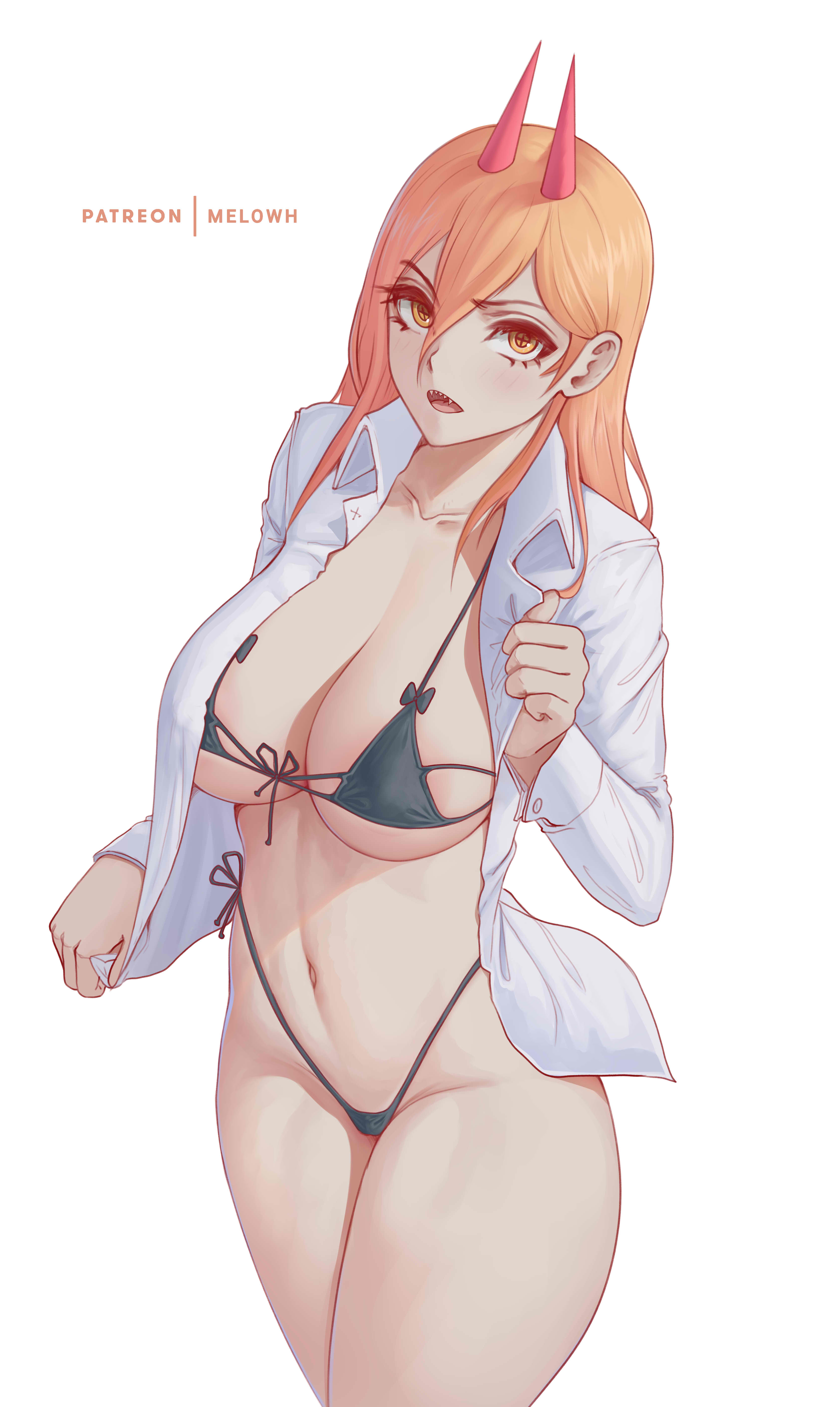 1girls, big breasts, blonde female, blonde hair, breasts, chainsaw man, demon, demon girl, demon horns, eye contact, female, female only, horns, huge breasts, looking at viewer, melowh, micro bikini, power (chainsaw man), sharp teeth, solo, solo female, standing, strawberry blonde hair, thick thighs, thighs, thong, white background, wide hips, yellow eyes