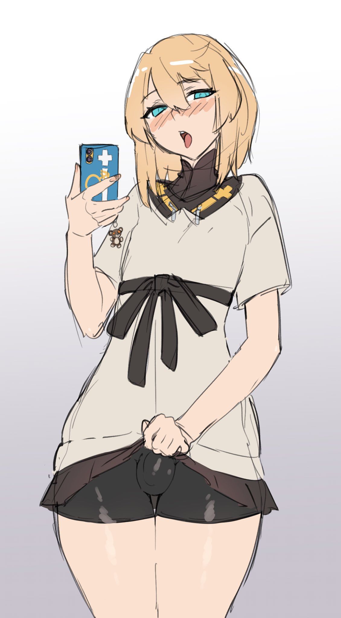 1boy, balls, blonde hair, blue eyes, blush, bridget, bulge, doodle, eye contact, guilty gear, guilty gear strive, looking at viewer, male, male only, minishorts, mokotoko9, penis, penis bulge, phone, selfie, shorts, solo, solo male, spandex shorts, standing, testicles