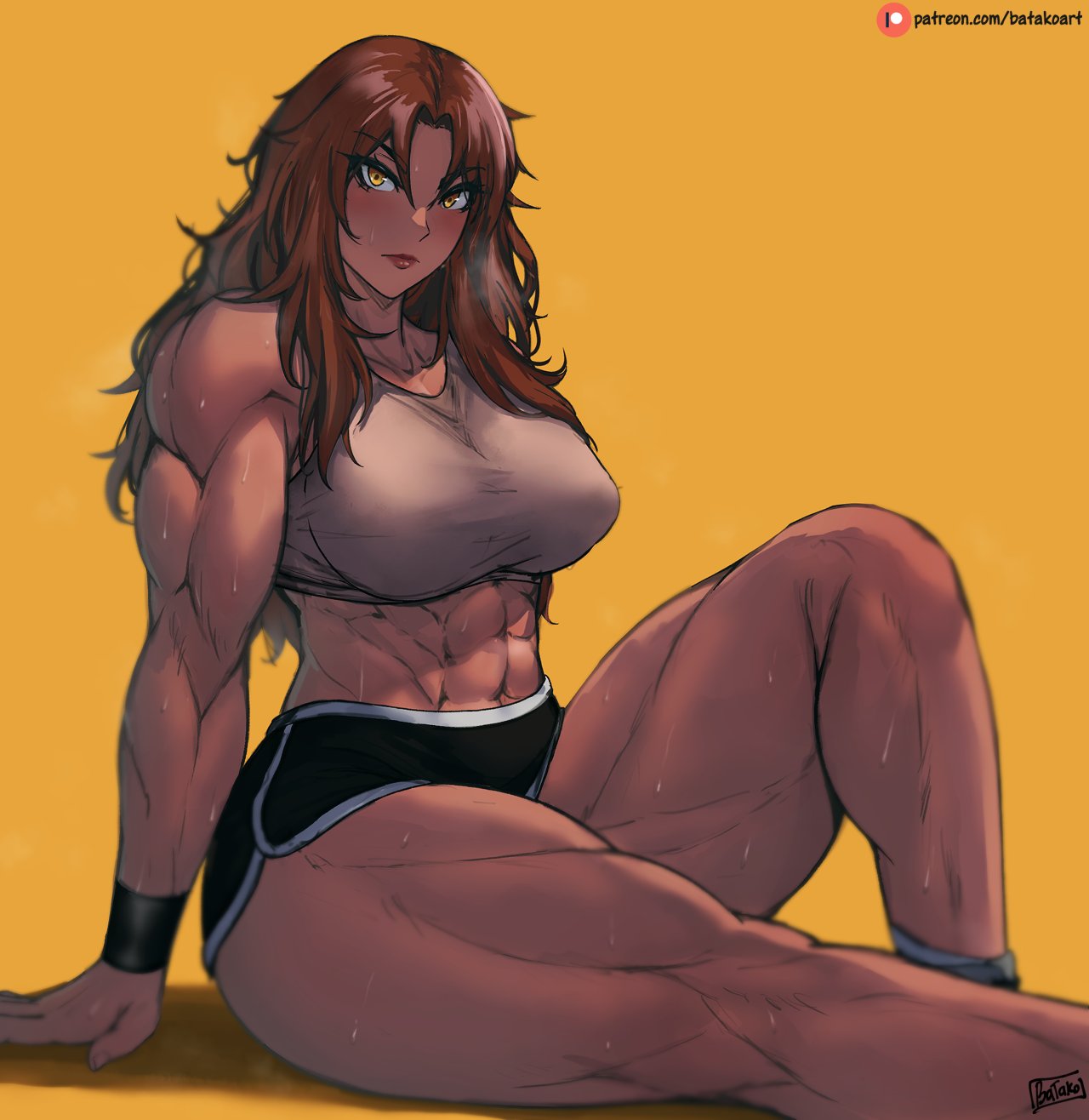 1girls, abs, athletic, athletic female, batako, belly, belly button, big breasts, big thighs, breasts, brown hair, brown skin, dark skin, dark-skinned female, female, fit, fit female, hand band, large breasts, lips, muscles, muscular, muscular female, muscular legs, muscular thighs, sasha (sloppyoptics), shorts, sweat, sweating, sweaty, tan body, tan skin, tanned skin, thick thighs, thighs, thunder thighs, toned, toned female, tummy, yellow eyes