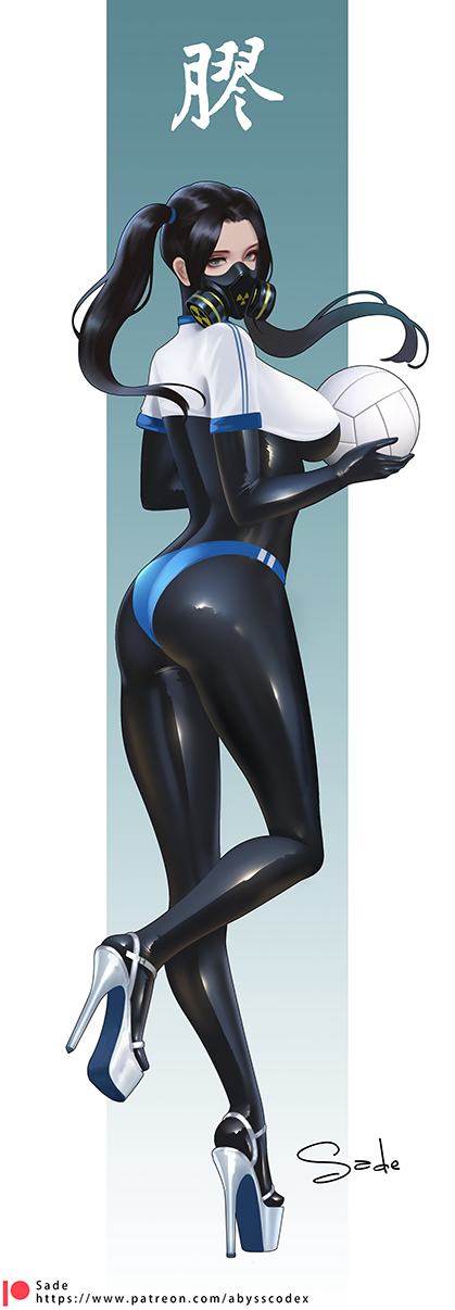 black_bodysuit black_hair blue_eyes bodysuit breasts female female_only fully_clothed gas_mask gym_uniform high_heel_sandals high_heels holding_volleyball large_breasts latex latex_bodysuit platform_heels sade_abyss sandals sportswear twintails volleyball volleyball_uniform