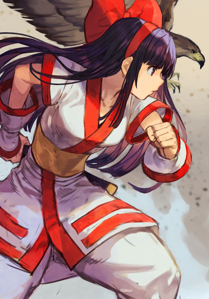 1girls ainu_clothes breasts click_burgundy female hair_ribbon hungry_clicker long_hair medium_breasts nakoruru pants purple_eyes purple_hair samurai_shodown snk