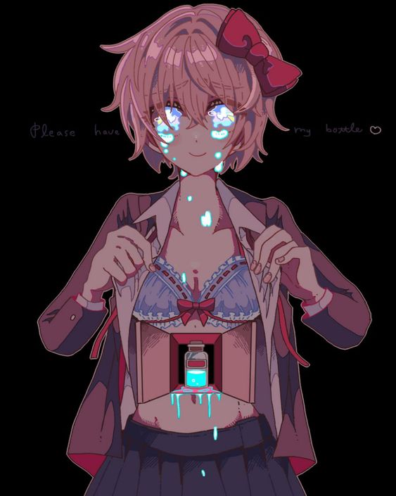 blue_bra blue_skirt bottle bow bra cork doki_doki_literature_club english_text hairbow heart pixiv_id_725619 red_bow red_hair_bow sayori_(doki_doki_literature_club) skirt tagme text
