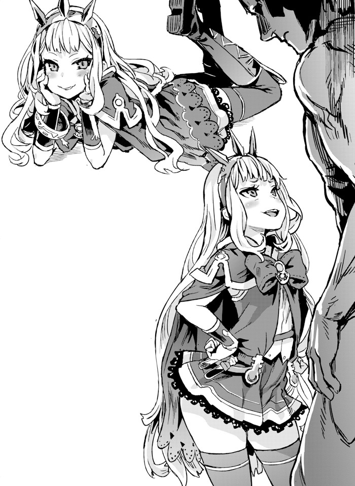 1boy :d asanagi blush boots bracelet cagliostro_(granblue_fantasy) cape clothing crown cute dress female female_focus fully_clothed gauntlets granblue_fantasy greyscale hands_on_hips headwear height_difference jewelry knee_boots long_hair looking_at_another looking_at_viewer lying male monochrome on_back open-mouth_smile open_mouth shirt simple_background size_difference skirt smile tall thighhighs thighs very_long_hair white_background