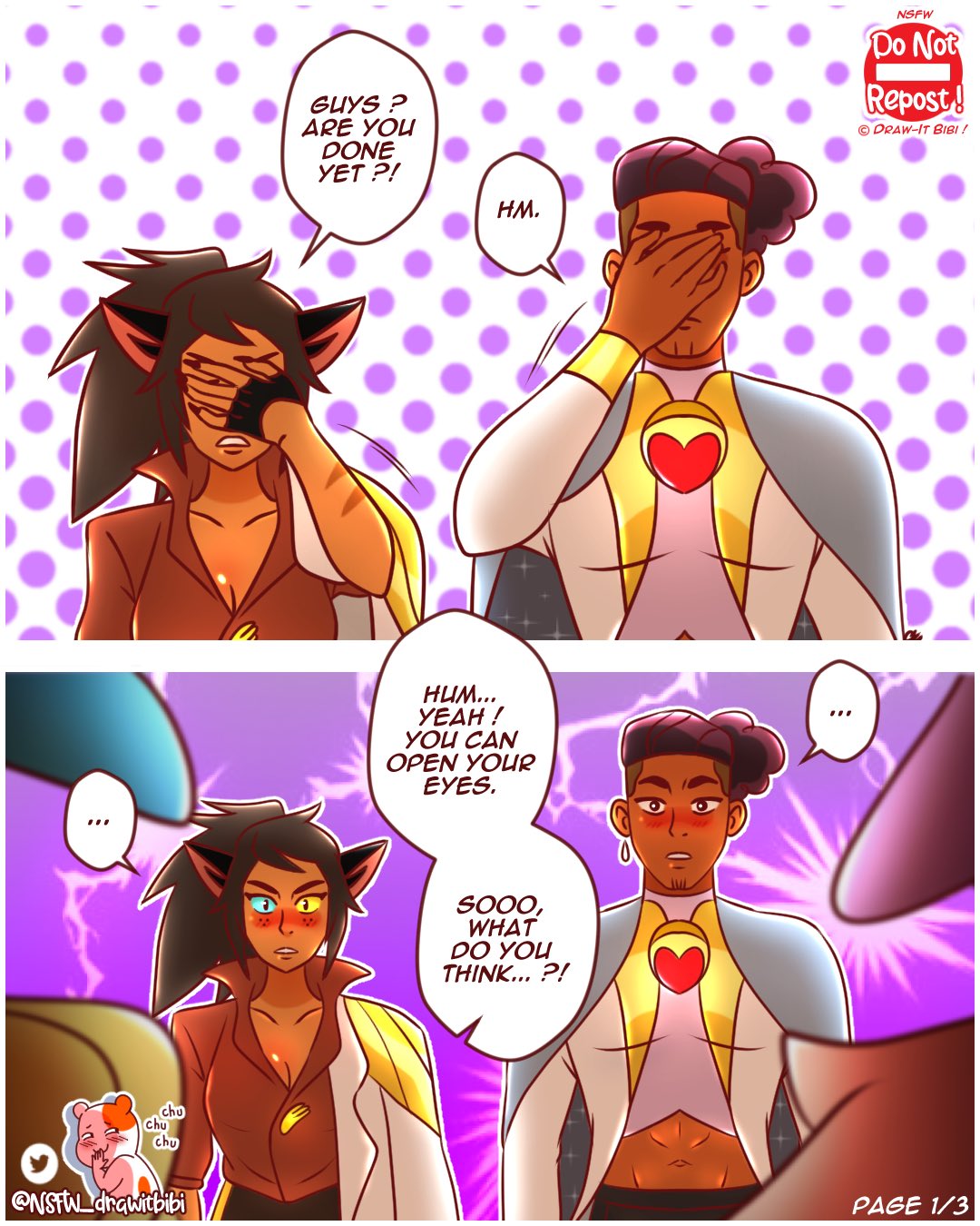 1boy 2020s 2022 3girls adora artist_name blonde_female blonde_hair blue_bunny_ears blue_eyes blush bow_(she-ra) brown_hair bunny_ears bunny_girl cape cat_ears catgirl catra cleavage comic covering_face dialogue drawitbibi earrings english_text female glimmer_(she-ra) heterochromia male midriff pink_bunny_ears ponytail red_shirt she-ra_and_the_princesses_of_power shirt speech_bubble text watermark yellow_eyes