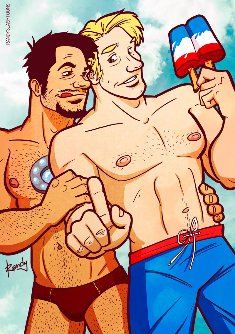 2boys artist_name avengers bara beard_stubble body_hair captain_america chris_evans dadbod dilf facial_hair gay goatee hairy_arms hairy_chest hairy_legs hairy_male hairy_stomach holding_partner human iron_man licking_lips looking_at_partner male male/male male_nipples male_only manly marvel marvel_cinematic_universe mature_male muscular_males mustache no_visible_genitalia panties popsicle randyslashtoons robert_downey_jr. steve_rogers swimming_trunks tony_stark