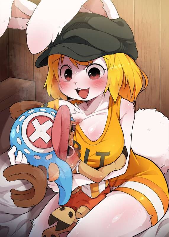 big_breasts blonde_hair blush blush_lines breast_smother breasts brown_fur brown_hair bunny_ears bunny_girl bunny_tail cabbie_hat carrot_(one_piece) cheerleader_uniform clothed clothing cute dagasi favorite female floppy_ears fluffy_ears furry hat head_between_breasts headwear horn hug huge_breasts indoors intersex looking_at_another looking_back male one_piece orange_clothing rabbit_ears rabbit_girl round_eyes shounen_jump smaller_male sweat text text_on_clothing text_on_shirt tony_tony_chopper white_ears white_fur