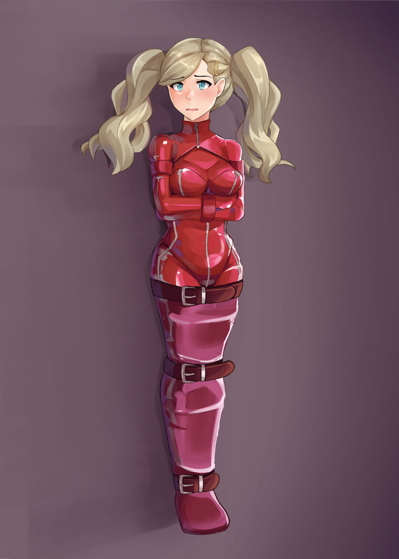 1girls ann_takamaki arms_under_breasts belt_bondage blonde_hair blue_eyes bodysuit bondage breasts full_body hairclip latex_bodysuit lightning_rook long_hair medium_breasts open_mouth persona persona_5 solo solo_female straitjacket twintails