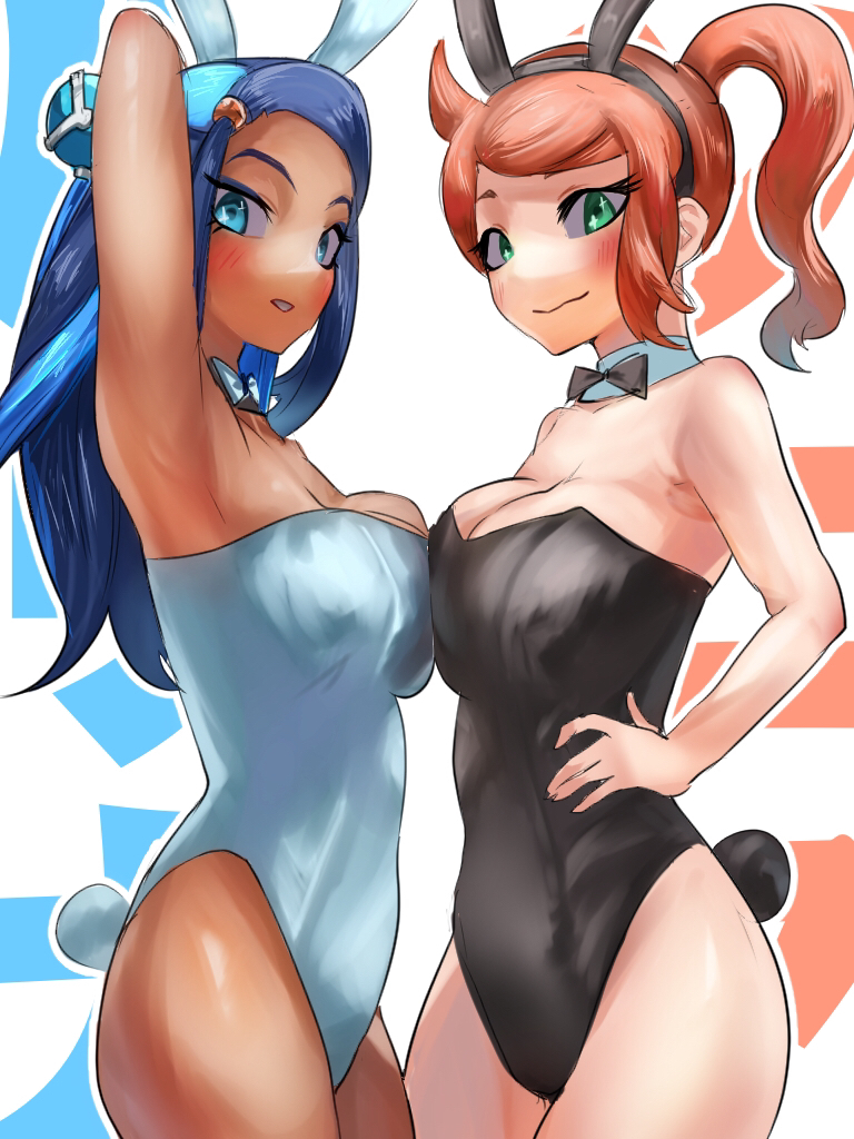 2girls, alternate costume, arm above head, black leotard, blue eyes, blue hair, blue leotard, breasts, bunny ears, bunny tail, bunnysuit, detached collar, fake animal ears, female, green eyes, hair bun, hand on hip, kamenekko, large breasts, leotard, long hair, multiple females, multiple girls, nessa (pokemon), nintendo, orange hair, playboy bunny, pokemon, pokemon ss, ponytail, side ponytail, sonia (pokemon), strapless leotard