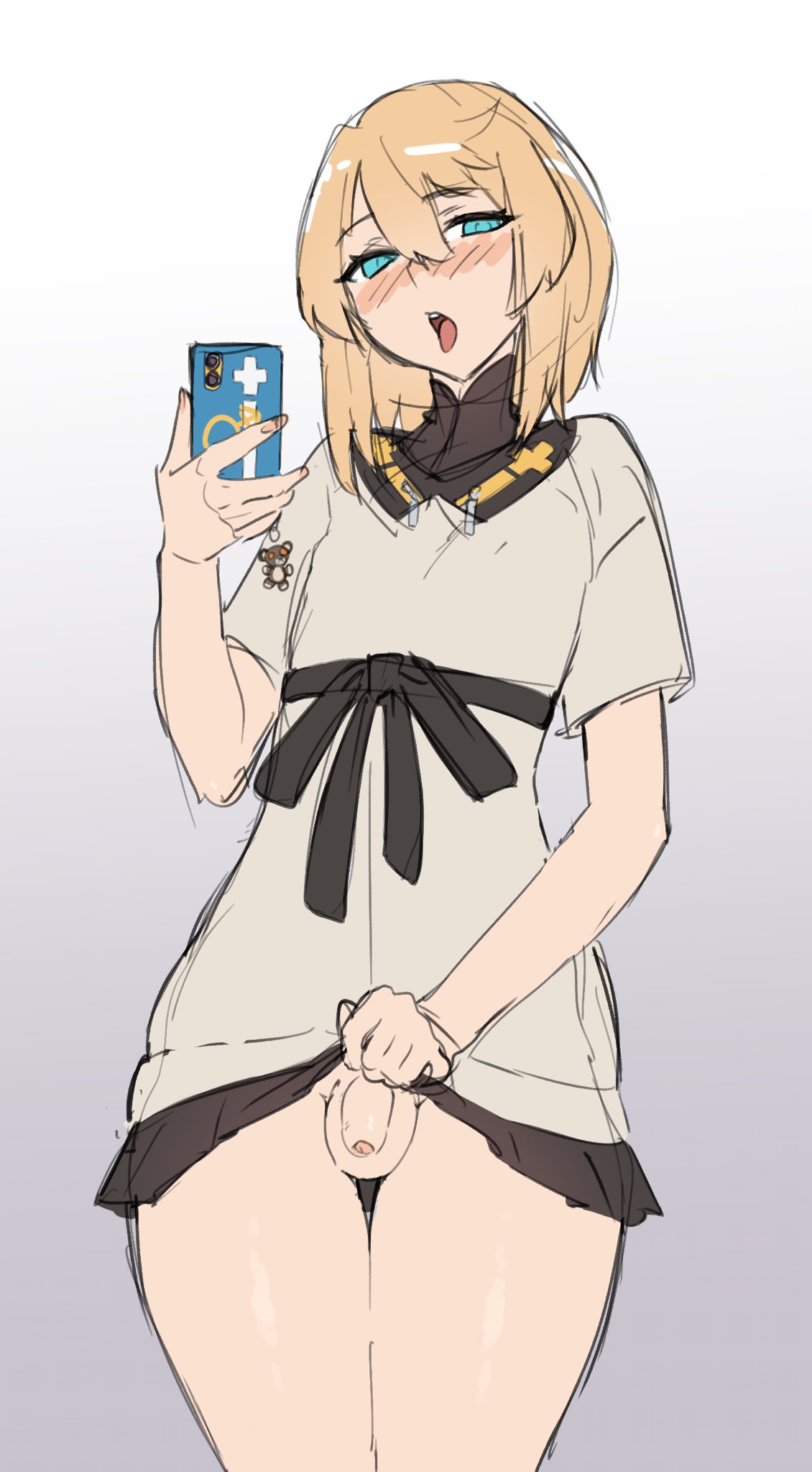 1boy, androgyne symbol, androgynous, balls, blonde hair, blue eyes, blush, bottomless, bridget, crossdressing, doodle, eye contact, femboy, flaccid, guilty gear, guilty gear strive, looking at viewer, male, male only, mokotoko9, open mouth, penis, penis out, phone, selfie, small penis, solo, solo male, standing, testicles
