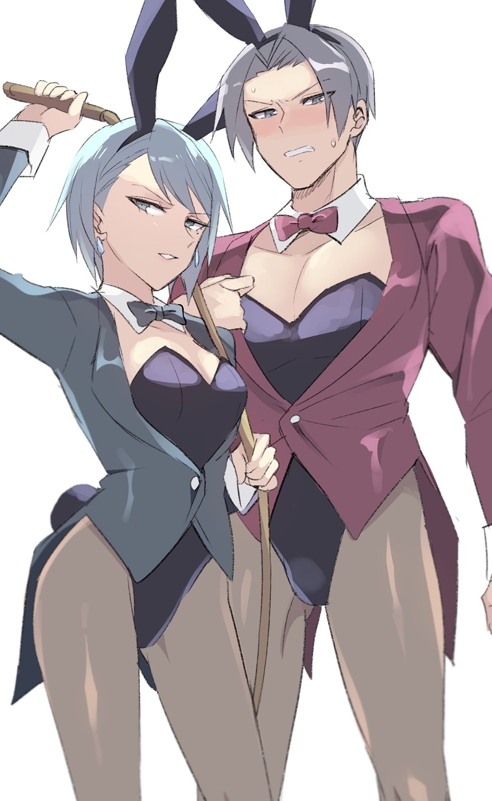 1boy 1girls ace_attorney black_leotard blush bow bowtie bunny_suit cowboy_shot crossdressing detached_collar female femboy franziska_von_karma gyakuten_saiban highres holding_whip jacket leotard male_playboy_bunny matching_outfit miles_edgeworth pantyhose penis_under_clothes penis_under_leotard playboy_bunny simple_background strapless strapless_leotard whip white_background yuuma_(yuma1111)