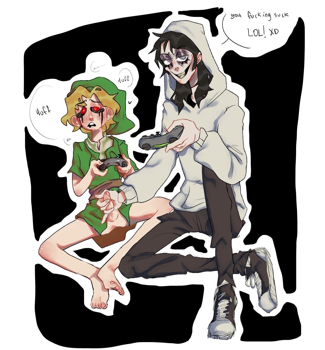 2boys balls ben_drowned black_hair blonde_hair blush creepypasta dialogue english_text erection game_controller hand_on_penis handjob jeff_the_killer long_hair looking_at_viewer male male_only no_pants penis sitting smile text yaoi