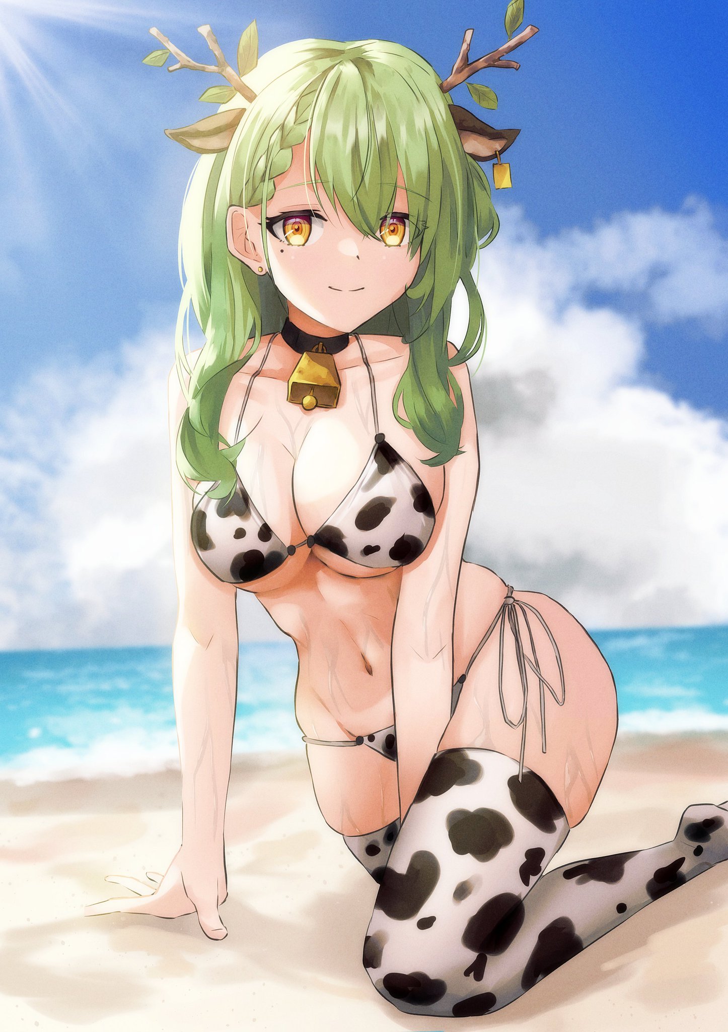 1girls, beach, beauty mark, bell collar, bikini, ceres fauna, choker, cow bikini, cow ears, cowbell, ear tag, female, female only, fully clothed, green hair, hololive, hololive english, hololive english -council-, hololive english -promise-, horns, looking at viewer, on knees, on side, sand, seaside, single braid, solo, virtual youtuber, water, yellow eyes