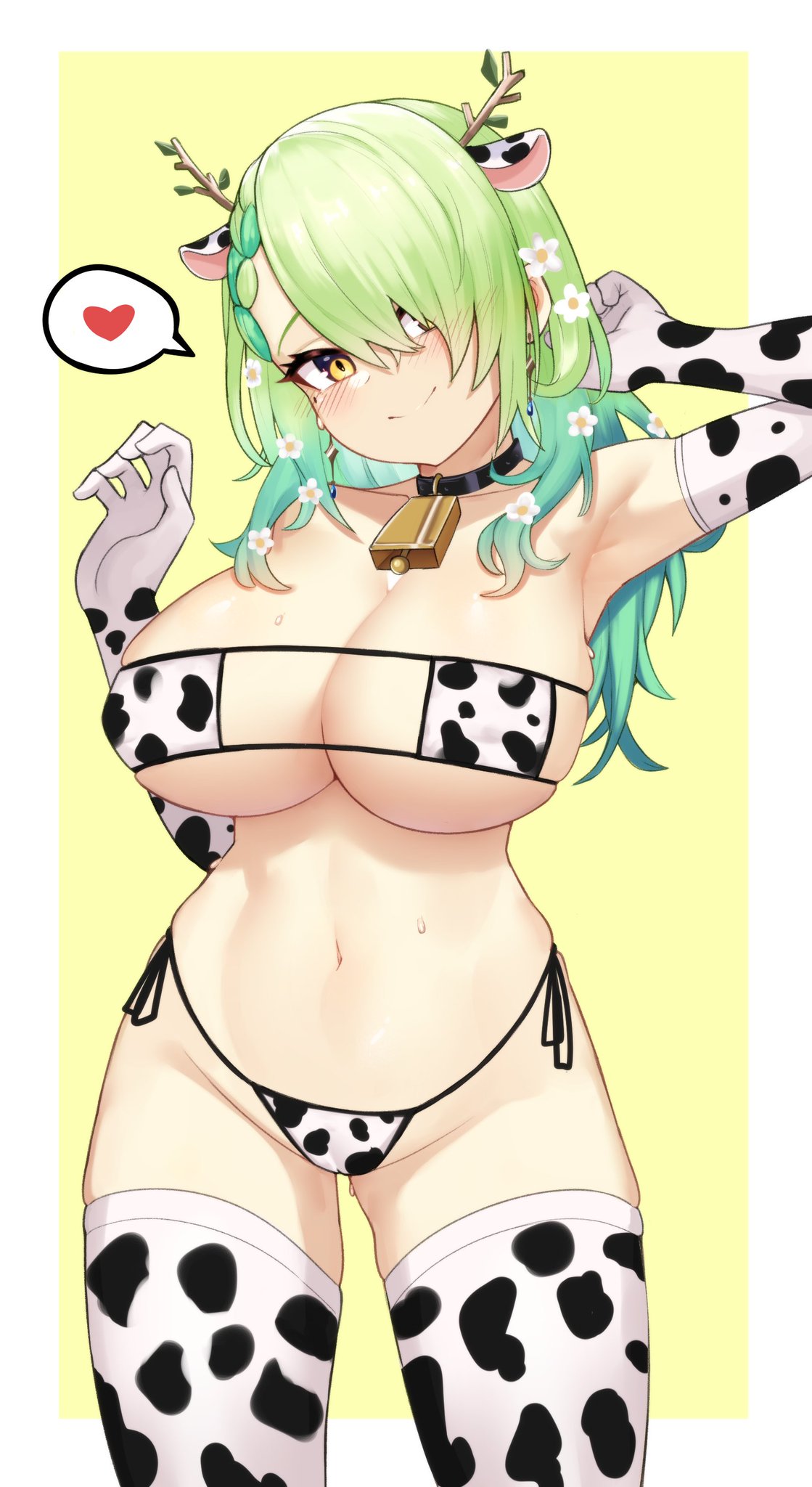 beauty mark, bell, bell collar, bikini, blush, blush lines, breasts, ceres fauna, choker, cow bikini, cow ears, cow print, cowbell, cowkini, eyepatch bikini, female, flowers in hair, green background, green eyes, hair tucking, hand behind head, hololive, hololive english, hololive english -council-, hololive english -promise-, horns, large breasts, long gloves, looking at viewer, moursho, multicolored hair, pov, pov eye contact, speech bubble, spoken heart, sweatdrop, thighhighs, virtual youtuber, white background, yellow eyes