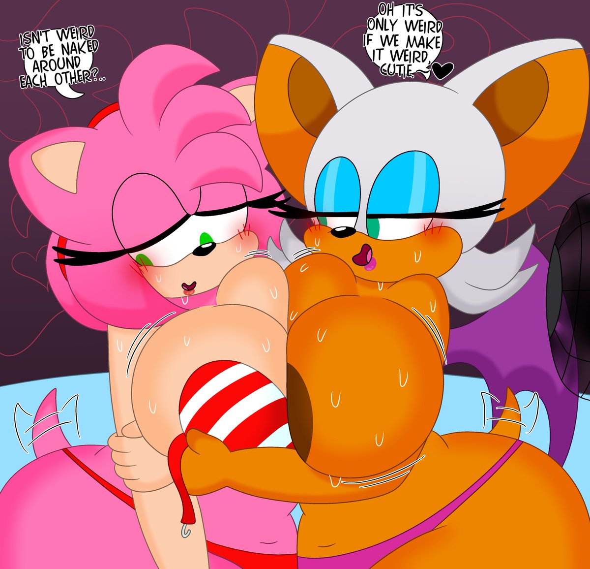 2girls, 3barts, amy rose, anthro, bat, big breasts, bra, breast press, breasts, chiropteran, female, female only, hedgehog, huge breasts, panties, pink hair, pink skin, rouge the bat, sega, sonic (series), sonic the hedgehog (series), sweat