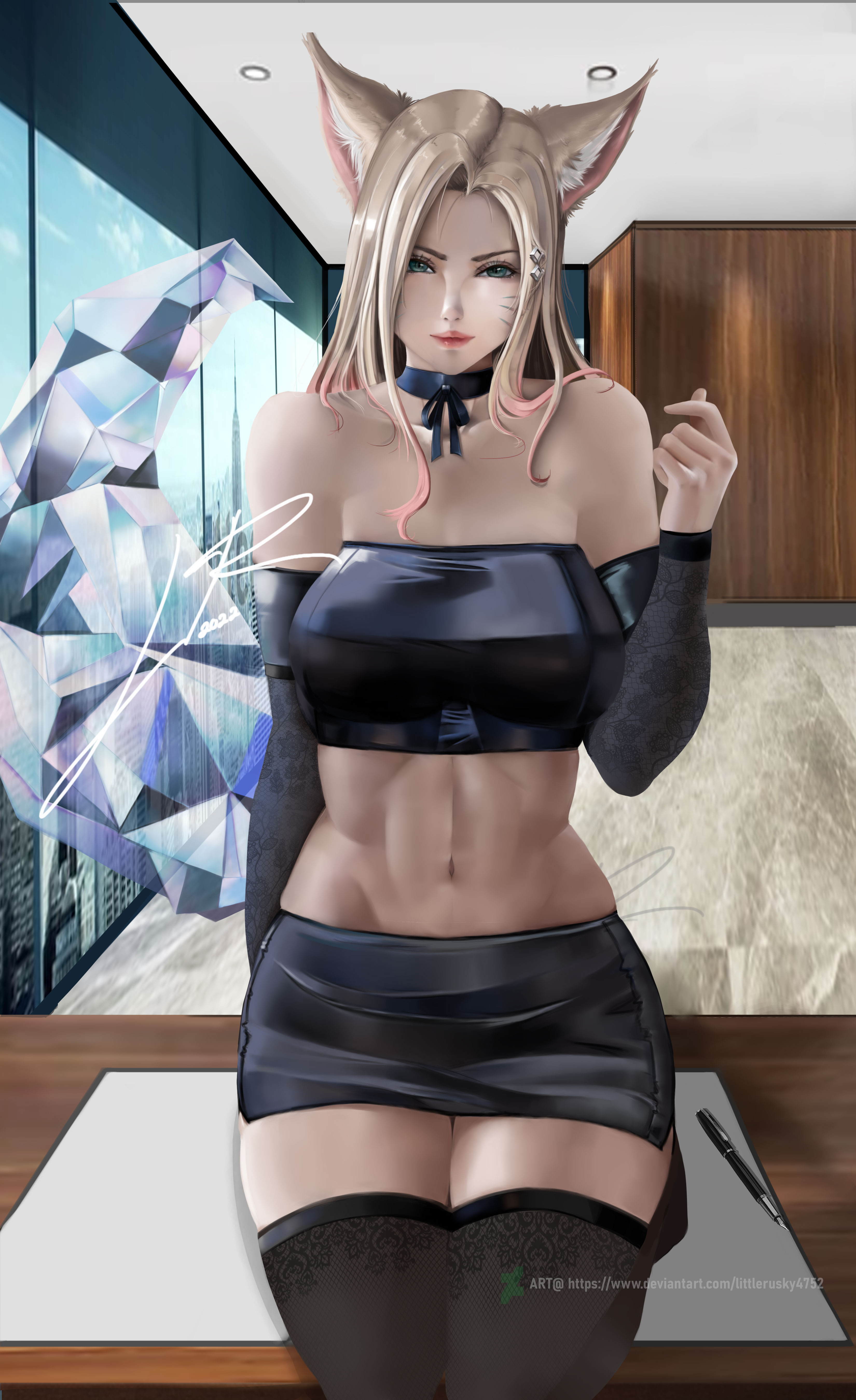ahri, alternate costume, alternate hair color, alternate hairstyle, animal ear fluff, animal ears, animal girl, big breasts, blonde female, blonde hair, breasts, busty, cleavage, clothing, crystal tail, curves, curvy, curvy body, curvy female, curvy figure, curvy hips, eyelashes, eyeliner, eyeshadow, facial markings, female, fluffy, fluffy ears, fox, fox ears, fox girl, fox tail, hourglass figure, humanoid, inner ear fluff, k/da ahri, k/da series, kemonomimi, kitsune, large breasts, league of legends, light skin, light-skinned female, littlerusky, long hair, miniskirt, multi tail, nine tailed fox, pale skin, pale-skinned female, riot games, skirt, tail, thighs, vastaya, video games, yellow eyes