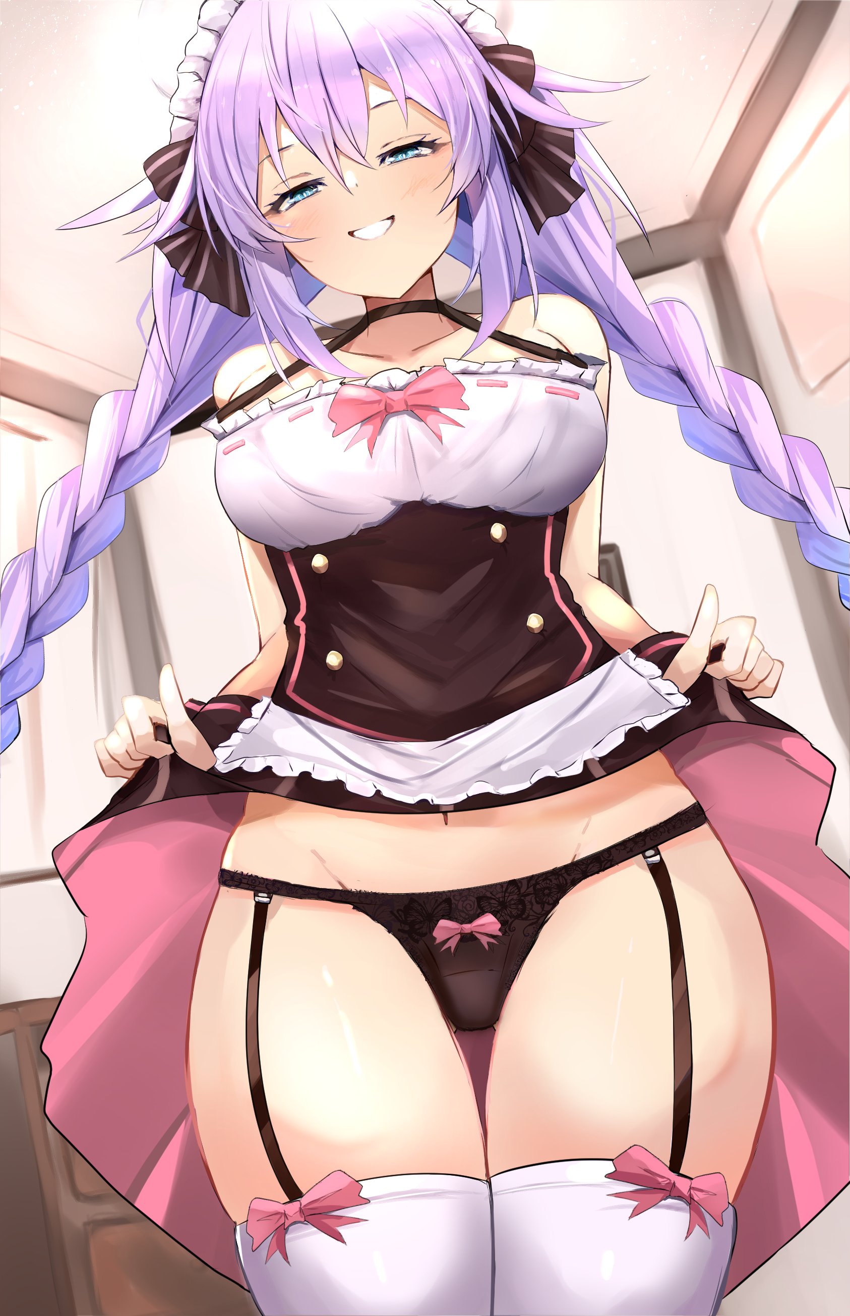 1girls, alternate costume, apron, big breasts, bimmy, black panties, blue eyes, braid, breasts, busty, cleavage, clothes lift, compile heart, dress, dress lift, enmaided, female, female only, garter straps, hair between eyes, highres, idea factory, large breasts, legs, lifted by self, light skin, light-skinned female, long hair, looking at viewer, maid, maid apron, maid headdress, naughty face, neptune (neptunia), neptunia (series), panties, power symbol, purple hair, purple heart (neptunia), smile, solo, solo female, symbol-shaped pupils, teasing, thighhighs, thighs, twin braids, twintails, underwear, very long hair, white thighhighs