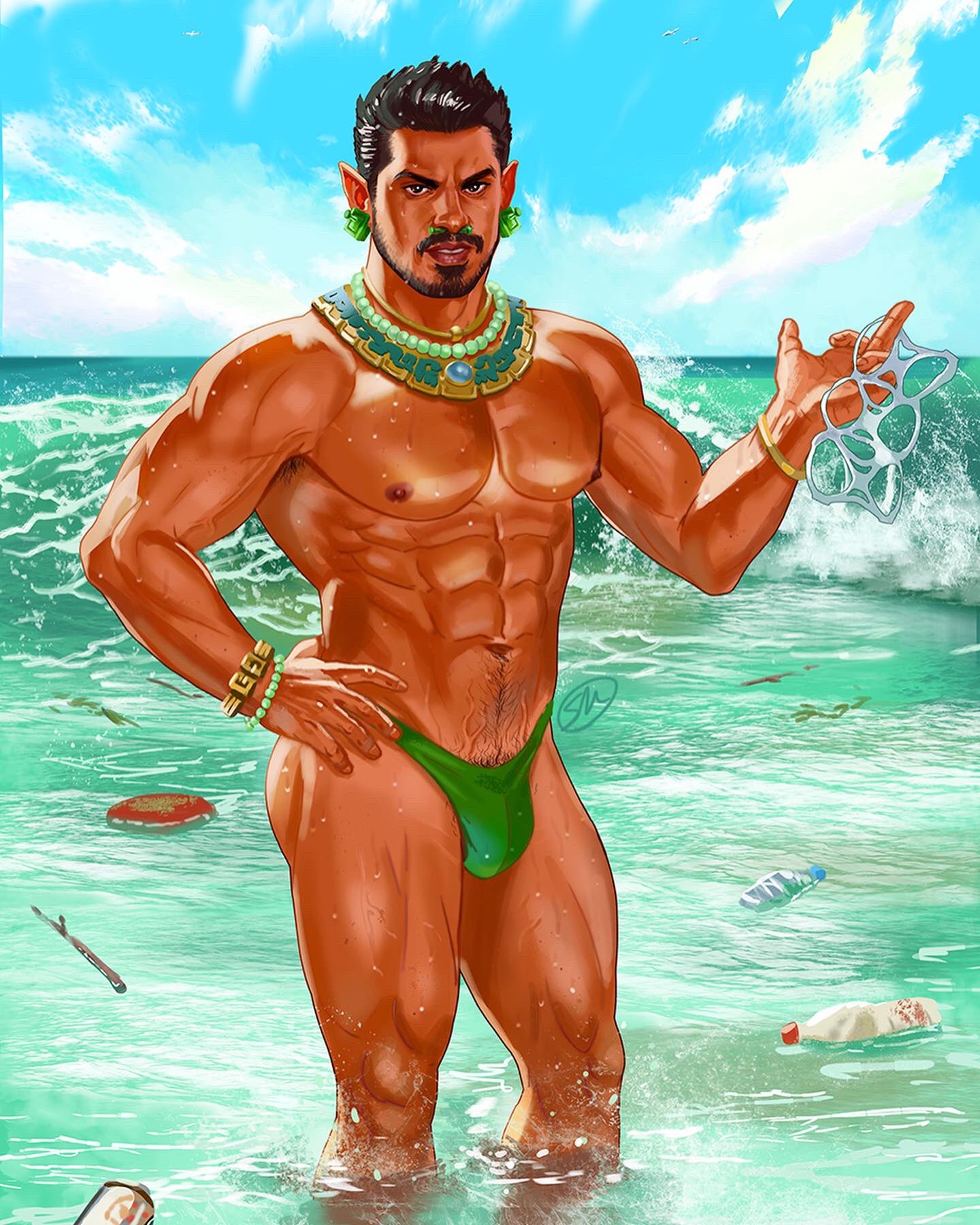 1boy actor angry beach black_panther:_wakanda_forever black_panther_(series) bulge celebrity in_character latino looking_at_viewer male male_only marvel marvel_cinematic_universe marvel_comics melanin muscles muscular muscular_male namor native_american_male outdoors outside pinup plastic pollution solo speedo stephen_mcdermott superhero tanlines tenoch_huerta trash upset wet