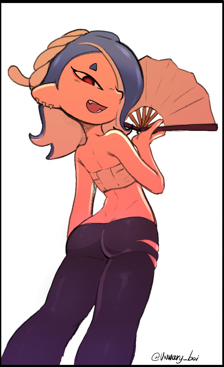 back view, black border, deep cut (splatoon), female, hair over one eye, nintendo, red eyes, shiver (splatoon), solo, solo female, splatoon, splatoon 3, tagme, unwary boi, white background