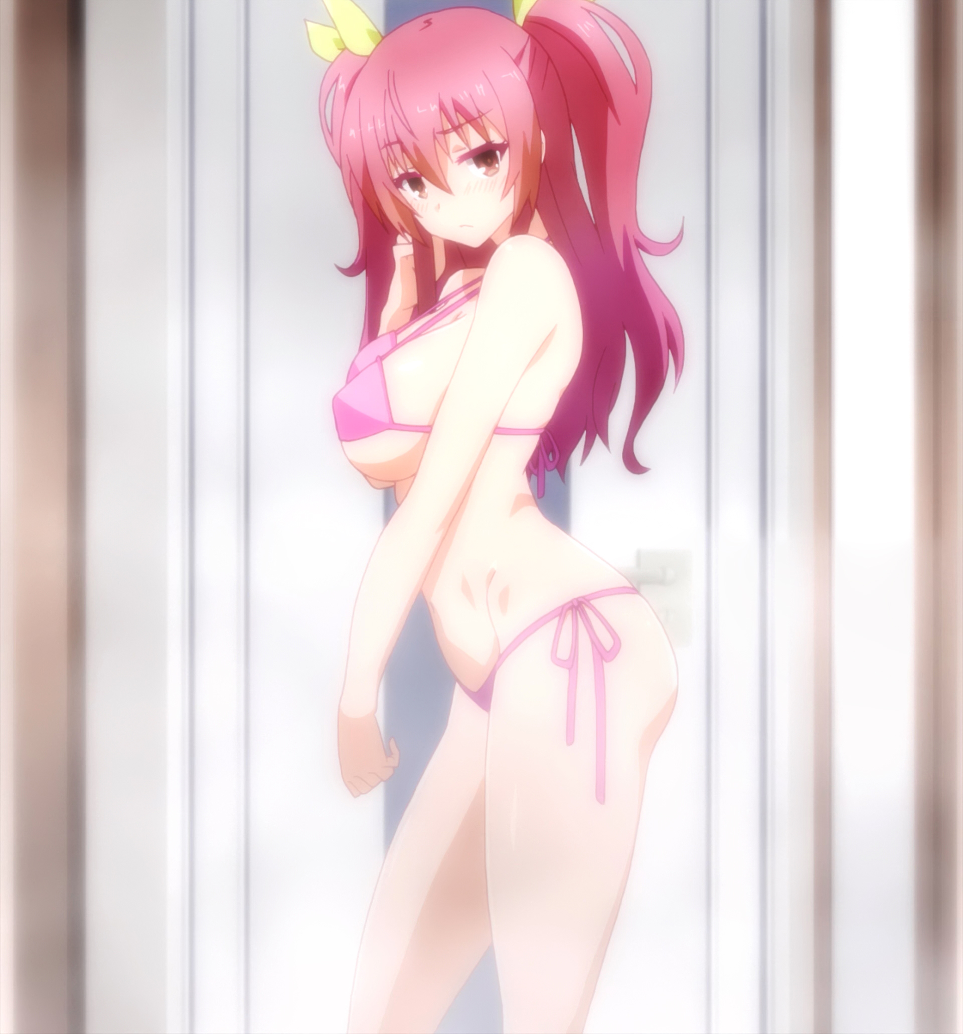 1girls, ass, big breasts, bikini, blush, breasts, busty, cleavage, female, female focus, female only, hair between eyes, hi res, large breasts, legs, navel, rakudai kishi no cavalry, red eyes, red hair, screencap, side-tie bikini, sideboob, solo, stella vermillion, stitched, strap gap, swimsuit, thighs, third-party edit, twintails, underboob, voluptuous