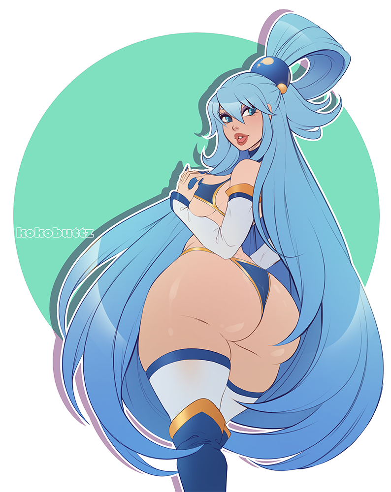 1girls aqua_(konosuba) ass blue_eyes blue_hair bubble_butt detached_sleeves female female_only huge_ass kokobuttz kono_subarashii_sekai_ni_shukufuku_wo! long_hair looking_back solo thighhighs voluptuous