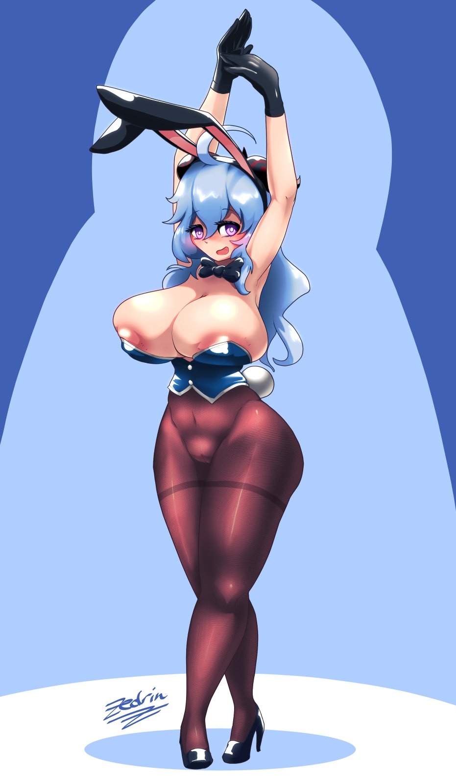1girls, about to burst, areola, areola slip, areolae, armpits, barely contained, barely contained breasts, barely fits, big breasts, blue hair, blush, bowtie, breasts, breasts too big, bunny ears, bunny tail, bunnysuit, bursting breasts, cleavage, clothed, clothing, female, female only, ganyu (genshin impact), genshin impact, gloves, high heels, imminent wardrobe malfunction, inconvenient boobs, inconvenient breasts, large breasts, looking at viewer, navel, nipple bulge, nipple slip, nipples, no panties, open mouth, open smile, pantyhose, playboy bunny, purple eyes, pussy, see-through, see-through clothing, simple background, smile, solo, solo female, thick thighs, tight fit, too tight, undersized clothes, undersized clothing, voluptuous, wide hips, zedrin