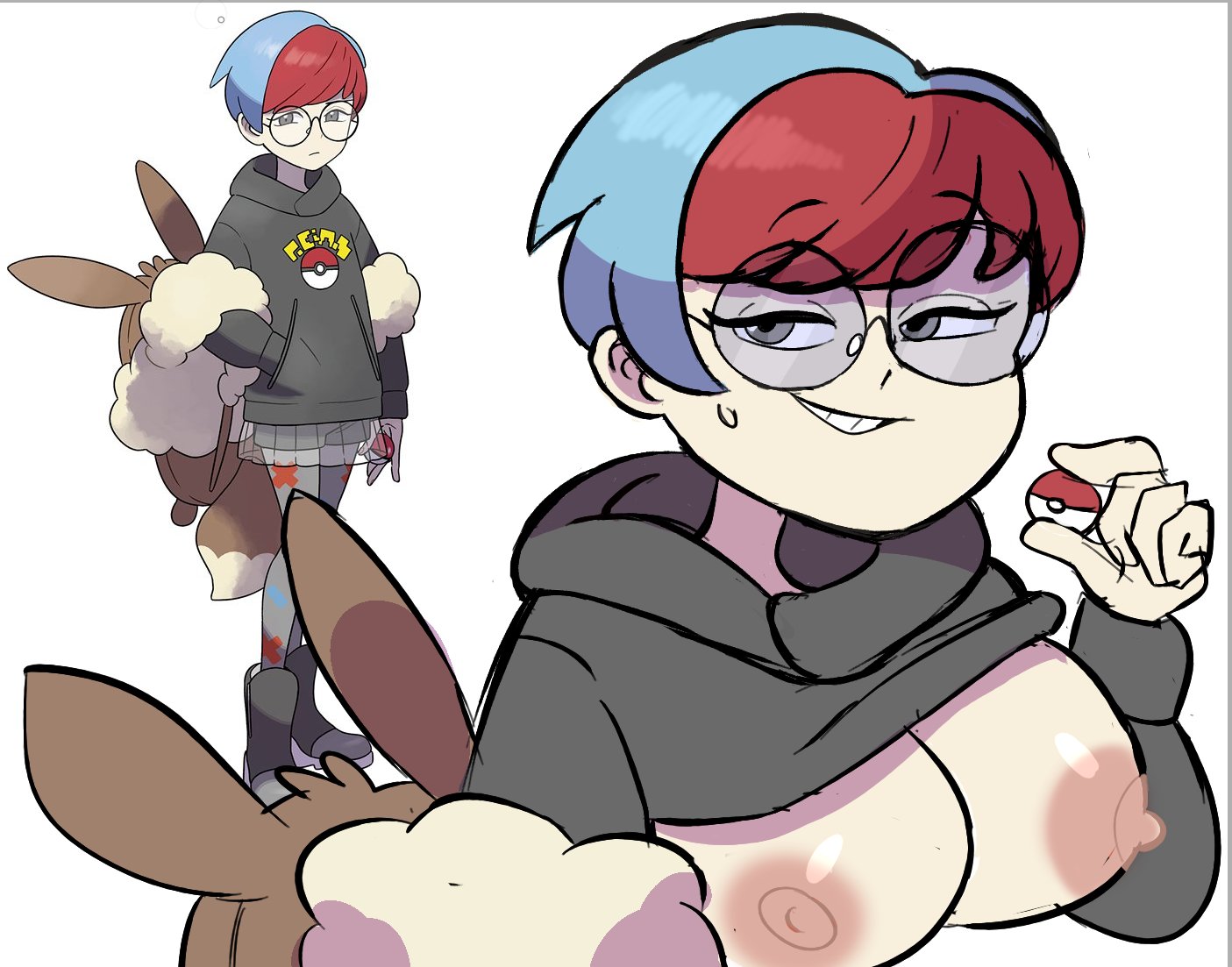 1girls, aged up, areolae, big breasts, blue hair, breasts, clothing, female, glasses, grey eyes, hoodie, hoodie lift, instantnudeles, looking away, nipples, penny (pokemon), pokeball, pokemon, pokemon (game), pokemon sv, red hair, reference image, short hair, simple background, smile, sweat, two-tone hair, white background