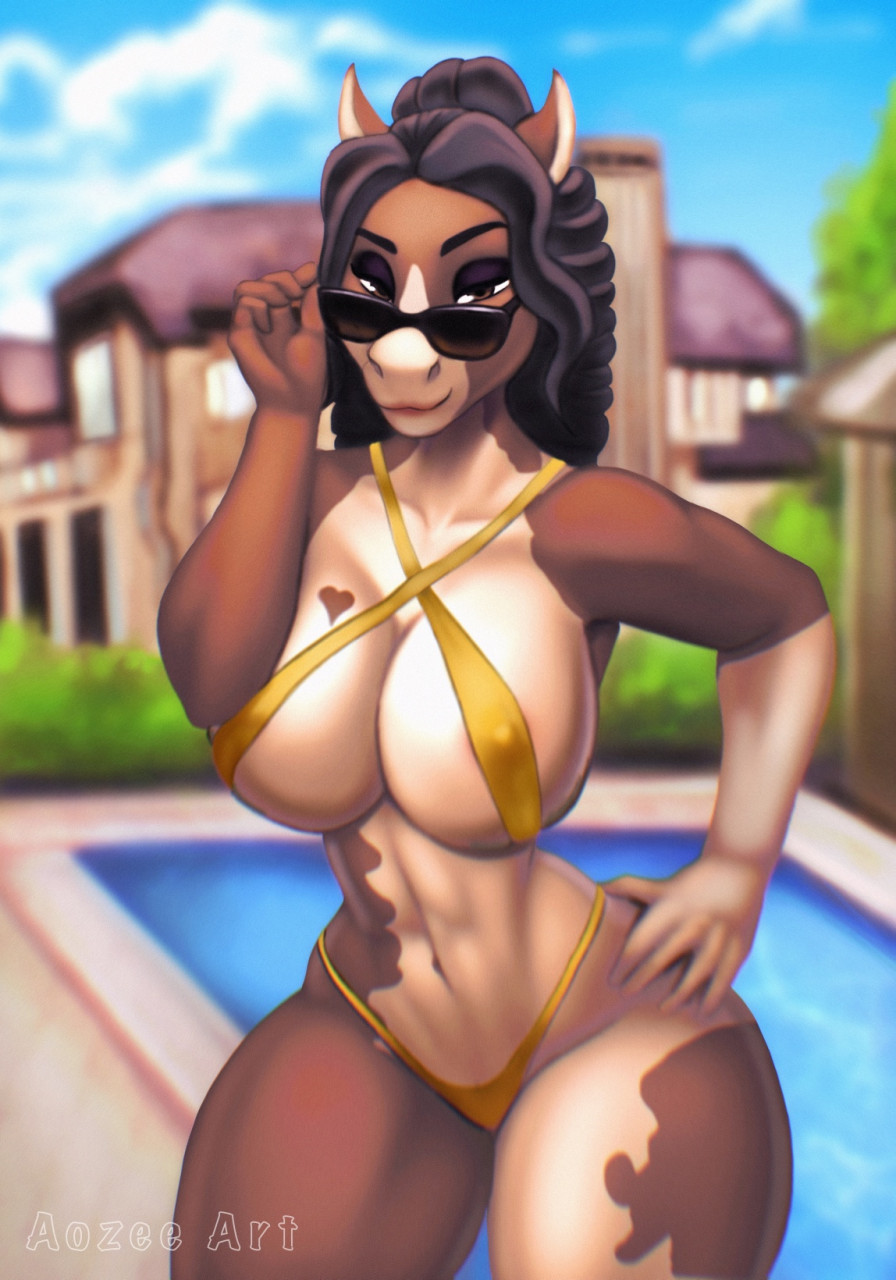 2022 anthro aozee artist_name big_breasts bikini bikini_bottom black_eyeshadow black_hair black_pupils blue_sky breasts brown_body brown_eyes clouds day digital_media_(artwork) elise_(bx35) equine equine_humanoid eyebrows eyelashes female female_only furry furry_female furry_only glasses hair hand_on_hip horse large_breasts looking_at_viewer lowering_sunglasses mammal mammal_humanoid monokini navel nipples no_humans outside pool sky smile smiling_at_viewer solo solo_female standing sunglasses tagme thick_thighs water white_body white_sclera yellow_bikini