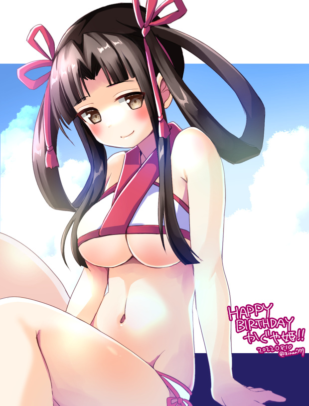 1girls arm_support big_breasts bikini blush breasts brown_eyes brown_hair busty character_request female female_only hair_ribbon large_breasts looking_at_viewer navel ribbon sitting smile solo swimsuit underboob zinan zinan777