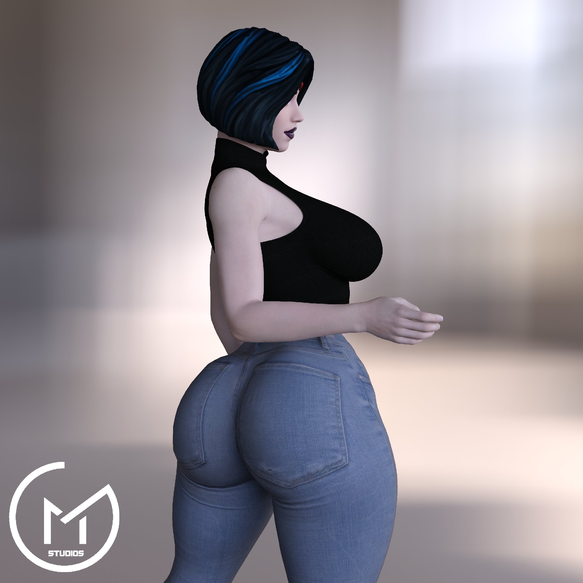 1girls, 3d, 3d (artwork), ass, big ass, big breasts, breasts, clothed, clothed female, clothing, curvaceous, curvy, dark hair, dc, dc comics, fat ass, female, female only, forehead jewel, fortnite, fully clothed, gm studios, goth, goth girl, jeans, looking away, multicolored hair, raven (dc), raven (fortnite) (dc), short hair, solo, superheroine, tank top, teen titans, thick ass, tight pants, voluptuous