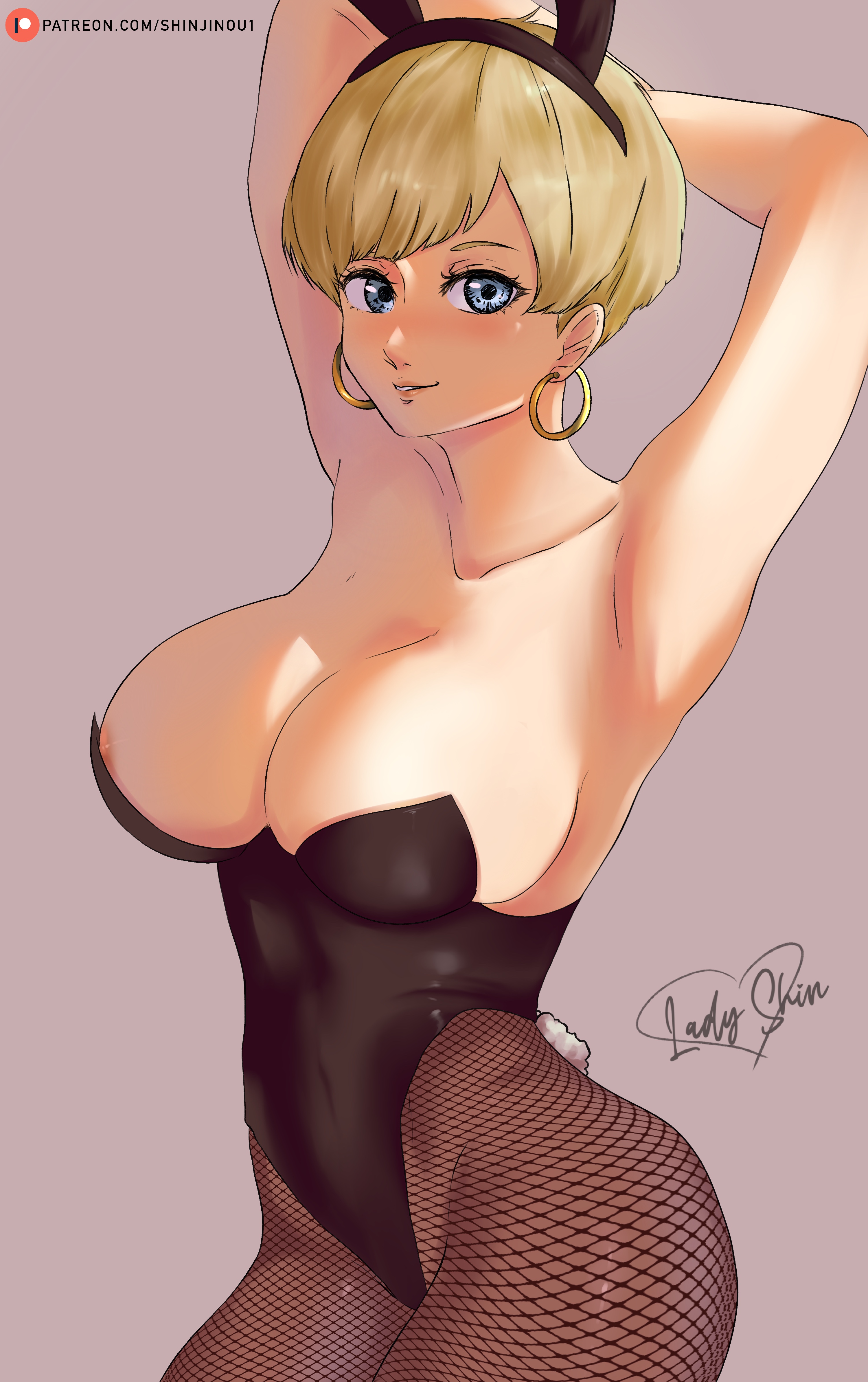 1girls, armpits, arms behind head, artist name, big breasts, blonde female, blonde hair, blue eyes, breasts, bunny ears, bunny girl, bunny tail, bunnysuit, busty, cleavage, dragon ball, dragon ball z, erasa, female, female only, hi res, large breasts, legs, leotard, looking at viewer, nipple slip, nipples, pose, seductive, seductive smile, sensual, shinjinou, short hair, smile, solo, solo female, thick thighs, thighs, very short hair, voluptuous
