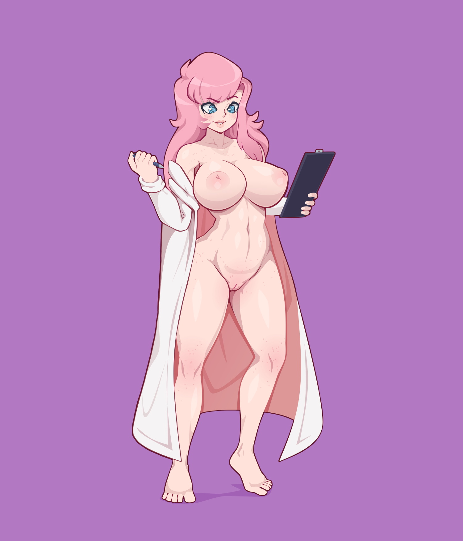 1girls, 2022, areolae, big breasts, bottomless, breasts, clothed, clothing, female, female only, full body, human, juniper (journeytantric), labcoat, light skin, light-skinned female, long hair, mostly nude, nipples, pink hair, purplehorn (artist), pussy, simple background, solo, standing, thick thighs, wide hips