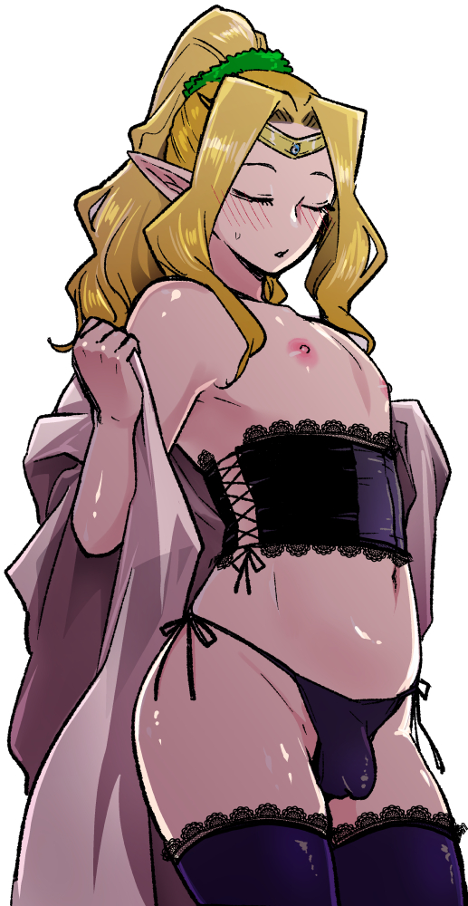 1boy 1no_ji areola areolae balls balls_bulge belly belly_button blonde_hair blonde_hair_male blush blushing bulge corset crown elf elf_boy elf_ear elf_ears eyes_closed femboy feminine_male flat_chest flat_chested girly headwear light_blush lingerie long_ears male_focus male_only nipples penis penis_bulge pointy_ears ponytail revealing revealing_breasts sharp_ears shiny_skin shoulders small_breasts small_penis smooth_skin thick thick_thighs thigh_highs thighhighs tied_hair tummy twink