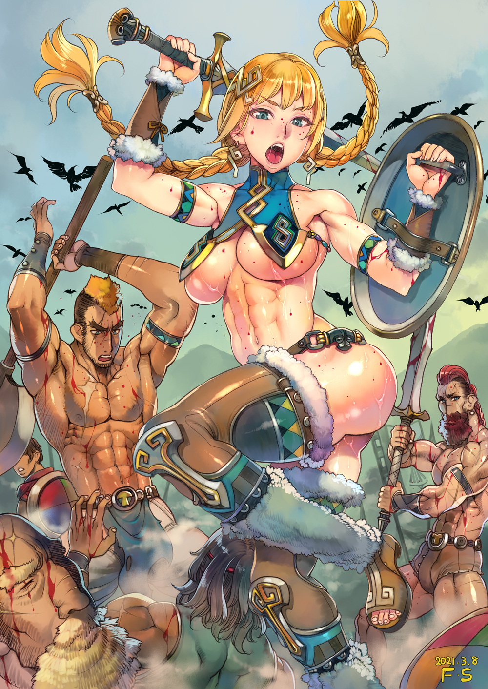 abs blonde_hair blue_eyes braids f.s. female_warrior warrior