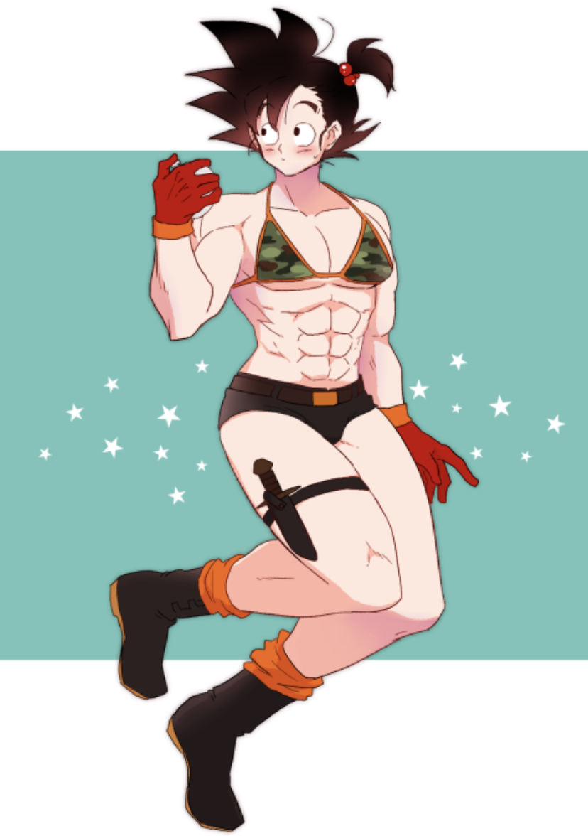 ambush_(trap) artist_request blushing bra buff bulma_briefs_(cosplay) crossdressing dragon_ball dragon_radar femboy femboy_dilf feminine_male hair_tied knife looking_away muscular_femboy muscular_male short_shorts solo_male son_goku source_request tagme