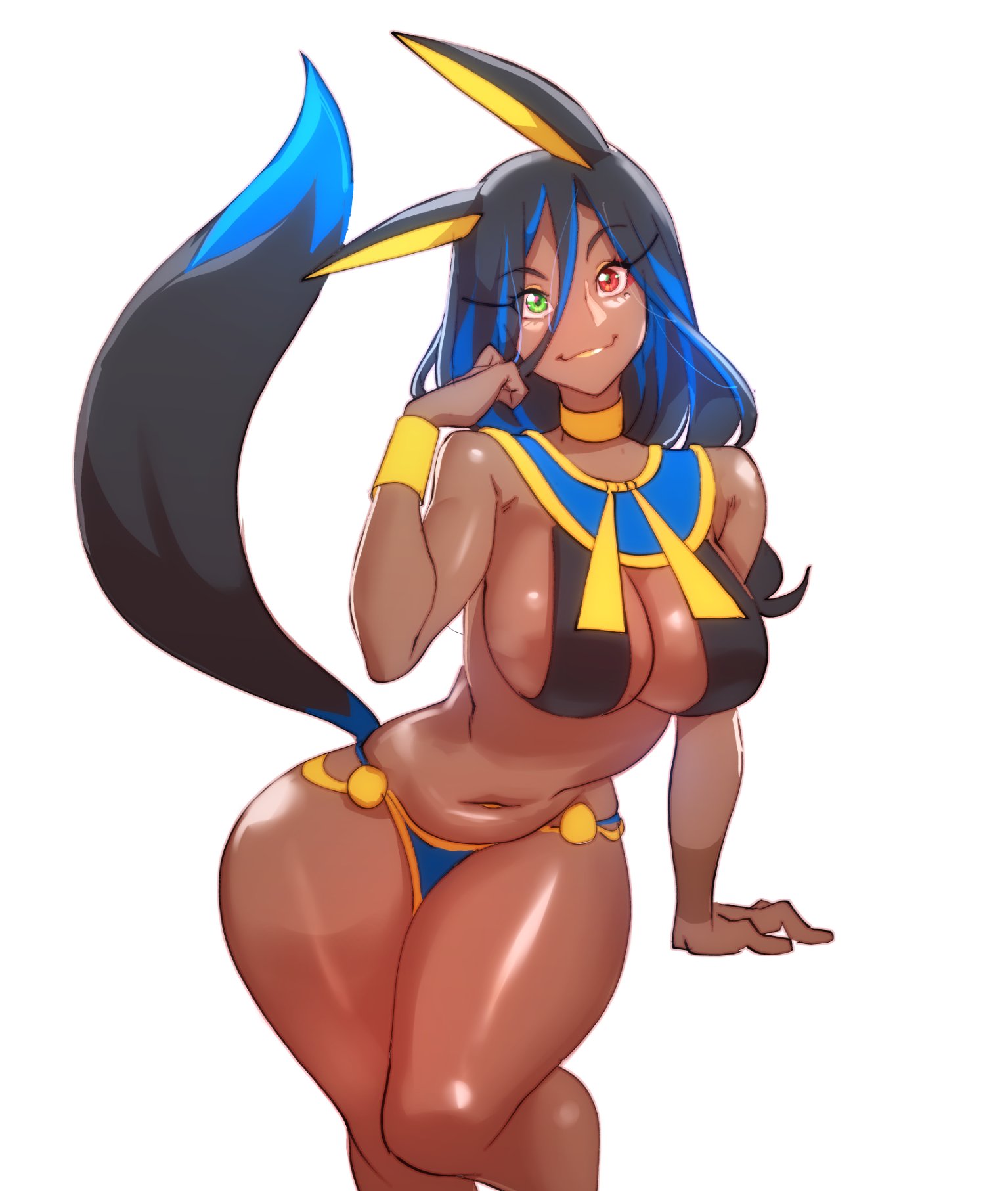 1girls, 2021, breasts, cleavage, curvy figure, dark skin, dark-skinned female, female, green eye, heterochromia, jackal ears, large breasts, looking at viewer, navel piercing, nisego, original, red eye, relicta (nisego), solo, solo female, tail, thick thighs, white background, wide hips, yellow lips