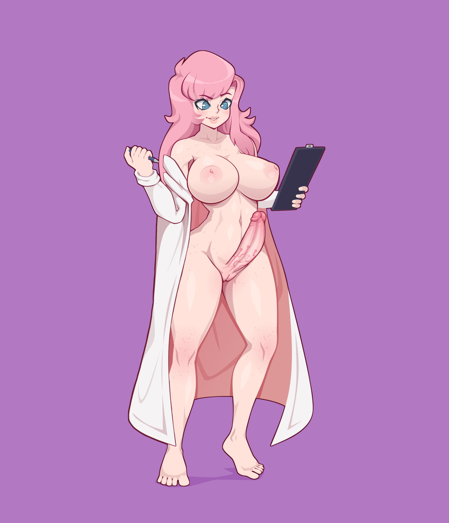 1futa, 2022, areolae, big breasts, big penis, bottomless, breasts, clothed, clothing, erection, full body, futa only, futa sans balls, futa transformation, futanari, human, intersex, juniper (journeytantric), labcoat, light skin, light-skinned futa, long hair, magic penis, mostly nude, nipples, penis, pink hair, purplehorn (artist), pussy, simple background, solo, standing, thick thighs, transformation, wide hips