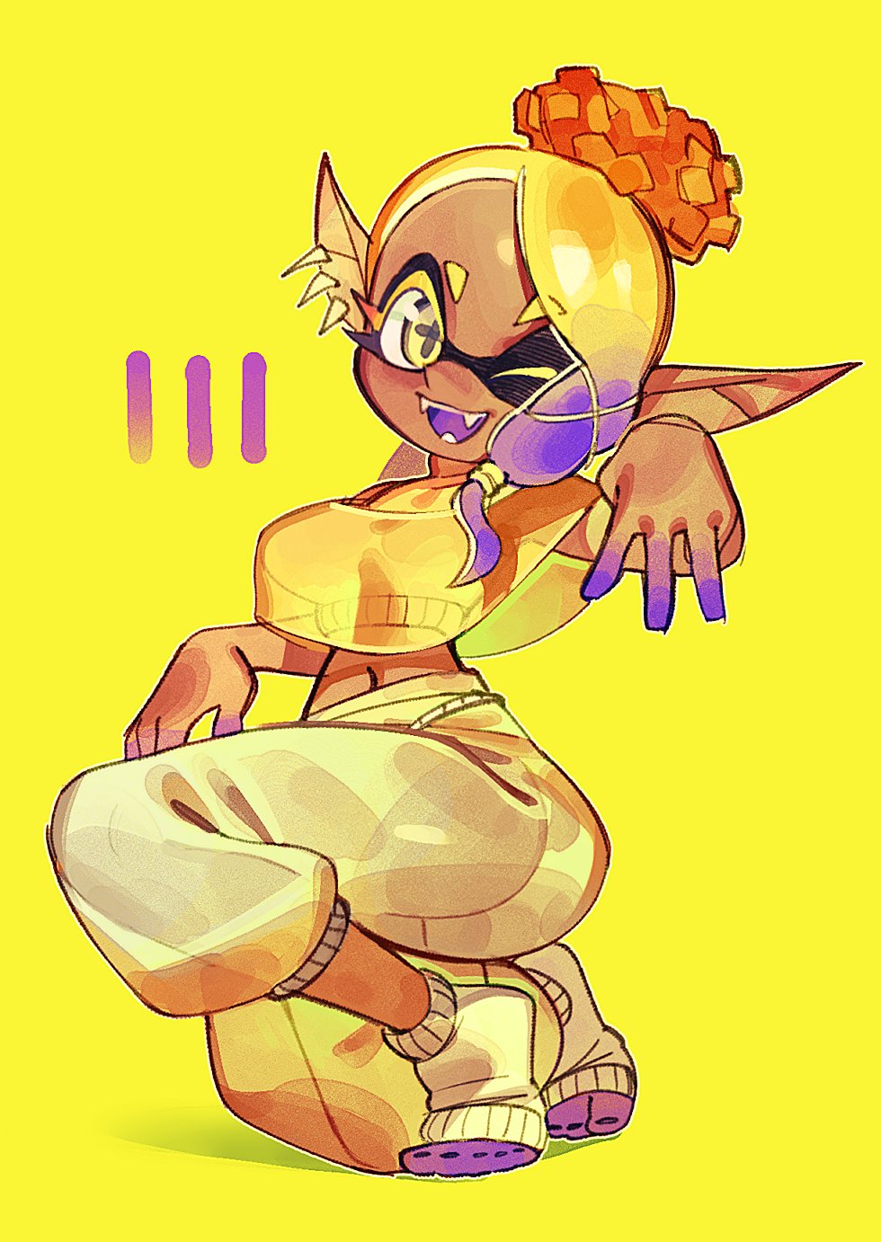1girls, 5 fingers, 5 toes, anthro, belly button, big breasts, blonde female, breasts, dark skin, dark-skinned female, deep cut (splatoon), feet, female, female only, frye (splatoon), medium breasts, navel, nintendo, pointy ears, see-through clothing, sharp teeth, simple background, smile, smiling at viewer, solo, solo female, splatoon, splatoon 3, tagme, tentacle hair, toes, wamudraws, wink, winking, winking at viewer, yellow eyes, yellow hair, yellow theme