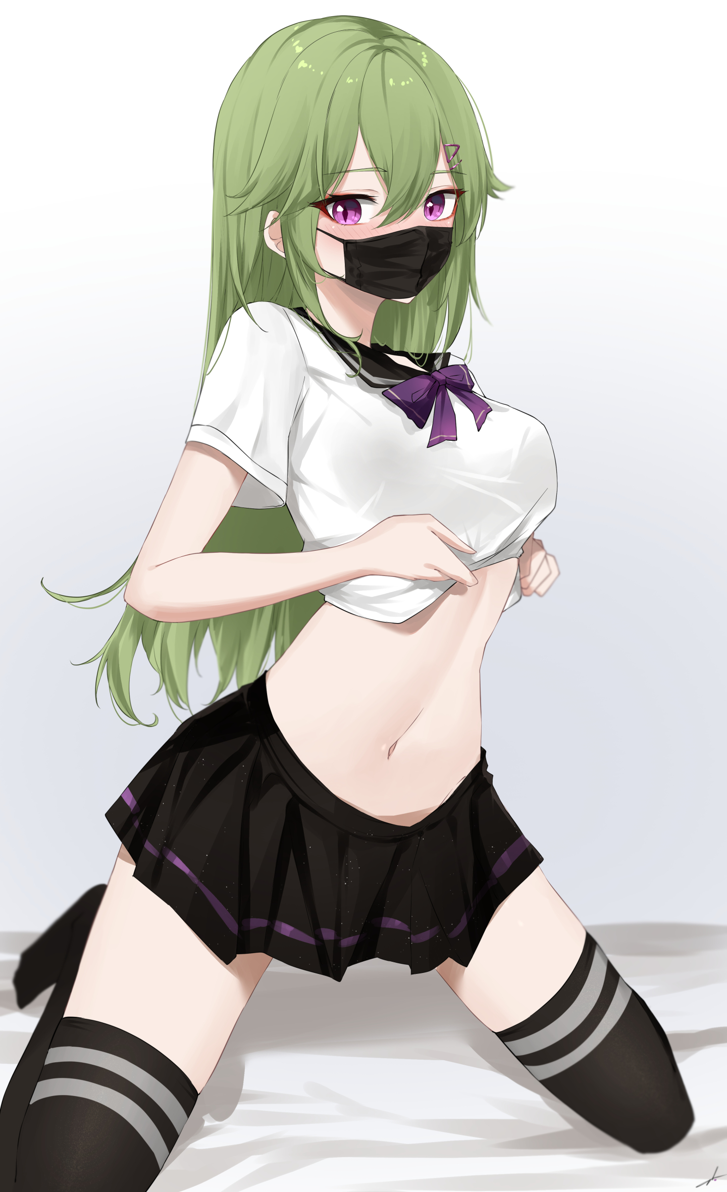 1girls, alternate hairstyle, belly, belly button, black skirt, blush, bow, clothed, clothes lift, clothing, face mask, feintheart721, female, female focus, female only, genshin impact, green hair, hair down, kuki shinobu, leggings, legwear, lifting shirt, long hair, looking at viewer, mask, midriff, navel, on knees, purple eyes, school uniform, schoolgirl, shirt, shirt lift, shirt up, sitting, skirt, solo, solo female, solo focus, stomach, thighhighs, thighs, uniform, white shirt