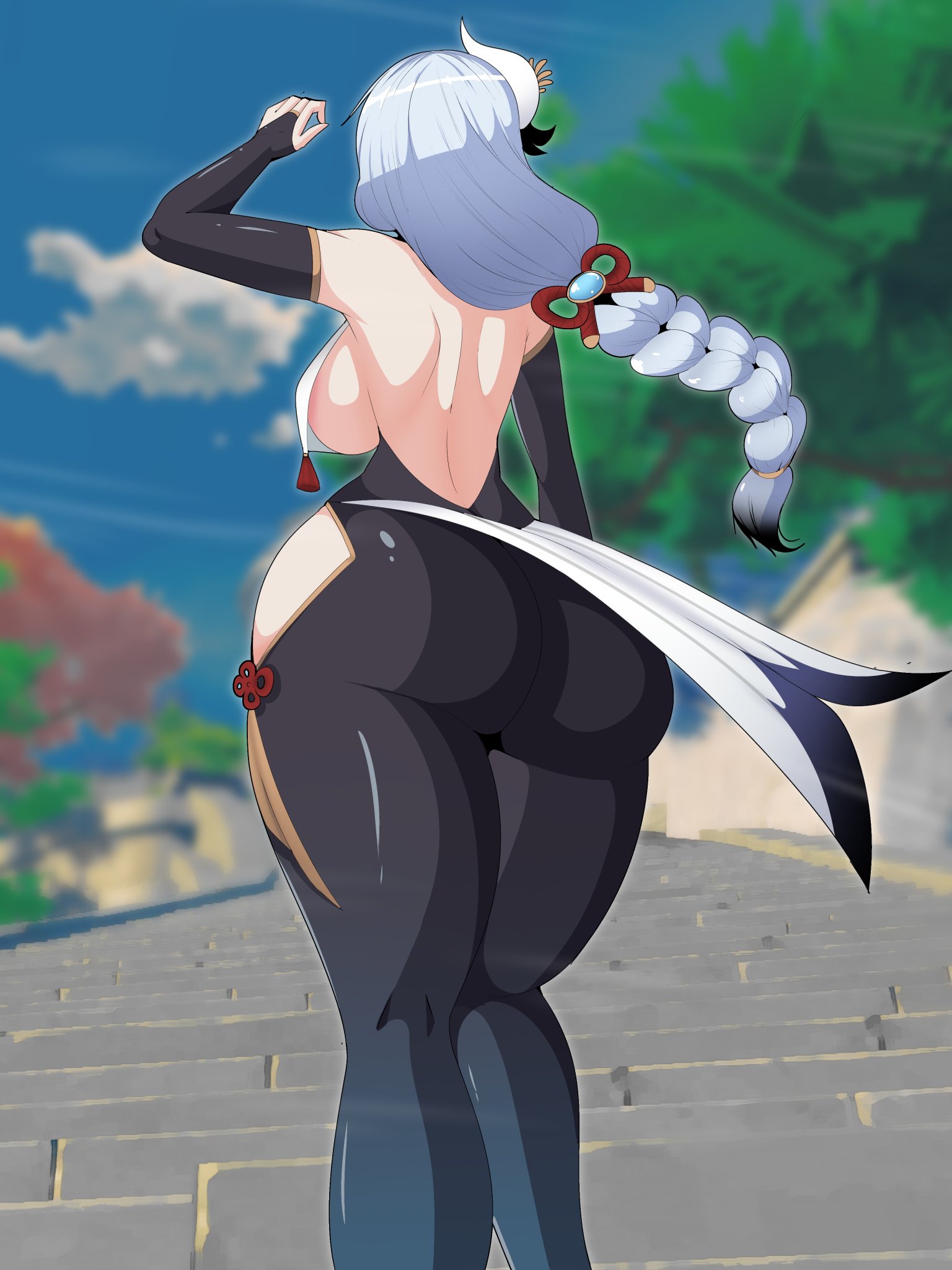 1girls, armwear, ass, ass focus, back, back view, backboob, big ass, big breasts, big butt, braid, braided hair, breasts, calves, fat ass, female, female focus, female only, genshin impact, hair ornament, hips, huge ass, huge butt, large ass, large breasts, legs, long hair, naver, shenhe (genshin impact), sideboob, silver hair, thick, thick ass, thick legs, thick thighs, thighs, white hair, wide hips