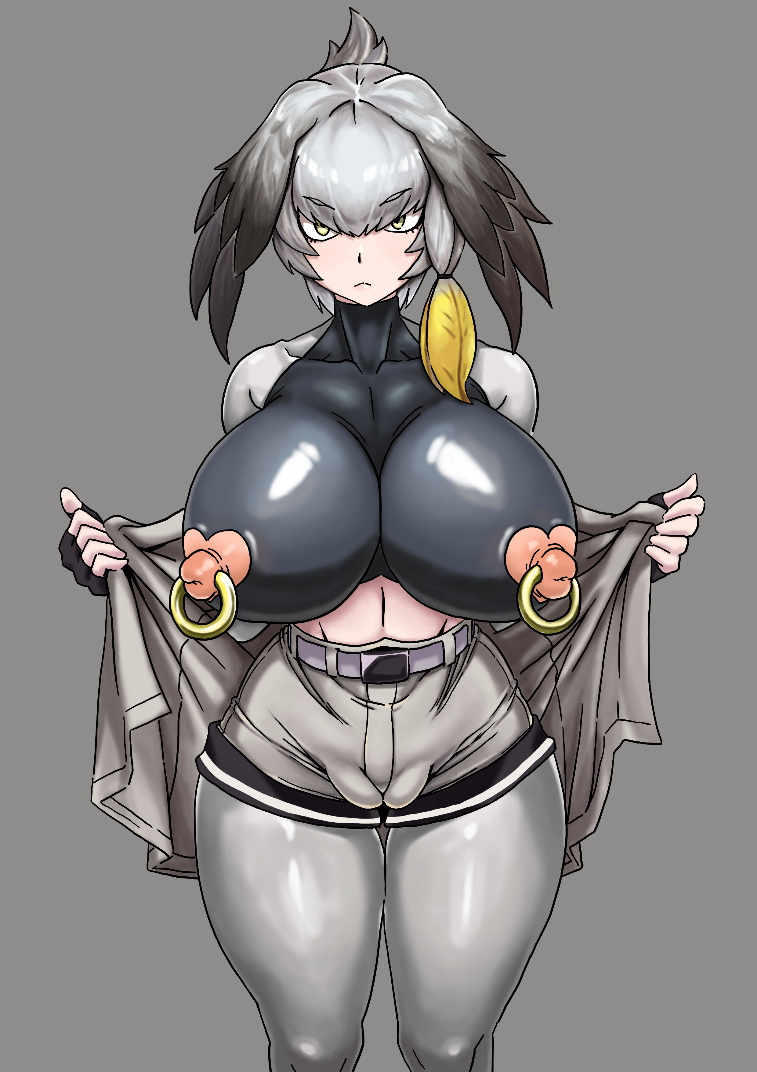 1girls, 2022, big breasts, breasts, cameltoe, female, female only, huge breasts, kemono friends, looking at viewer, nikunigushii, nipple piercing, nipples, piercing, pussy, shoebill (kemono friends), shorts, simple background, solo