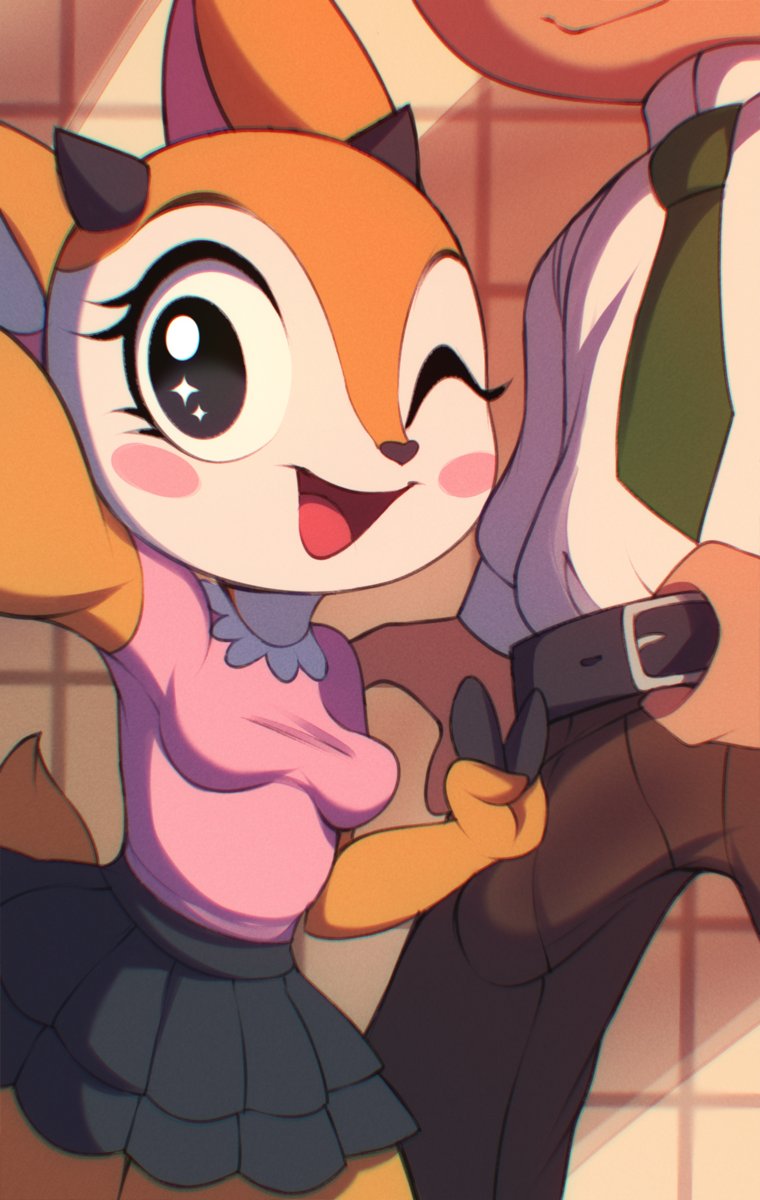 aggressive_retsuko antelope anthro belt blush bottomwear bovid chief_komiya clothing duo erection female gazelle hi_res looking_at_viewer male male/female mammal necktie pants sanrio selfie shirt smile smooth_fur tight_clothing topwear tsunoda wildblur