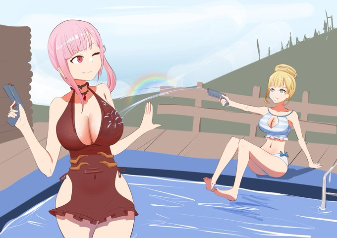 2girls angelchama big_breasts blonde blonde_hair blue_eyes choker feet female_only hololive hololive_english hololive_myth mori_calliope necklace pink_hair pool poolside rainbow red_eyes swimsuit thick_thighs virtual_youtuber water water_gun watson_amelia