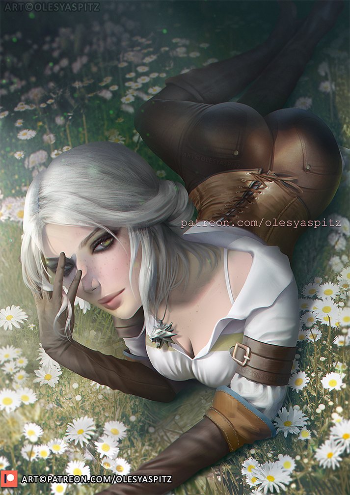 amulet ass big_ass big_breasts big_butt breasts ciri crochet flower flower_field flowers freckles gloves green_eyes hand_on_face hand_on_head huge_ass huge_butt large_ass laying_down laying_on_ground laying_on_stomach leather leather_boots leather_gloves leather_pants lips medallion necklace olesyaspitz on_stomach silver_hair the_witcher_(series) the_witcher_3:_wild_hunt thick thick_ass thick_lips tight_clothing tight_pants white_hair