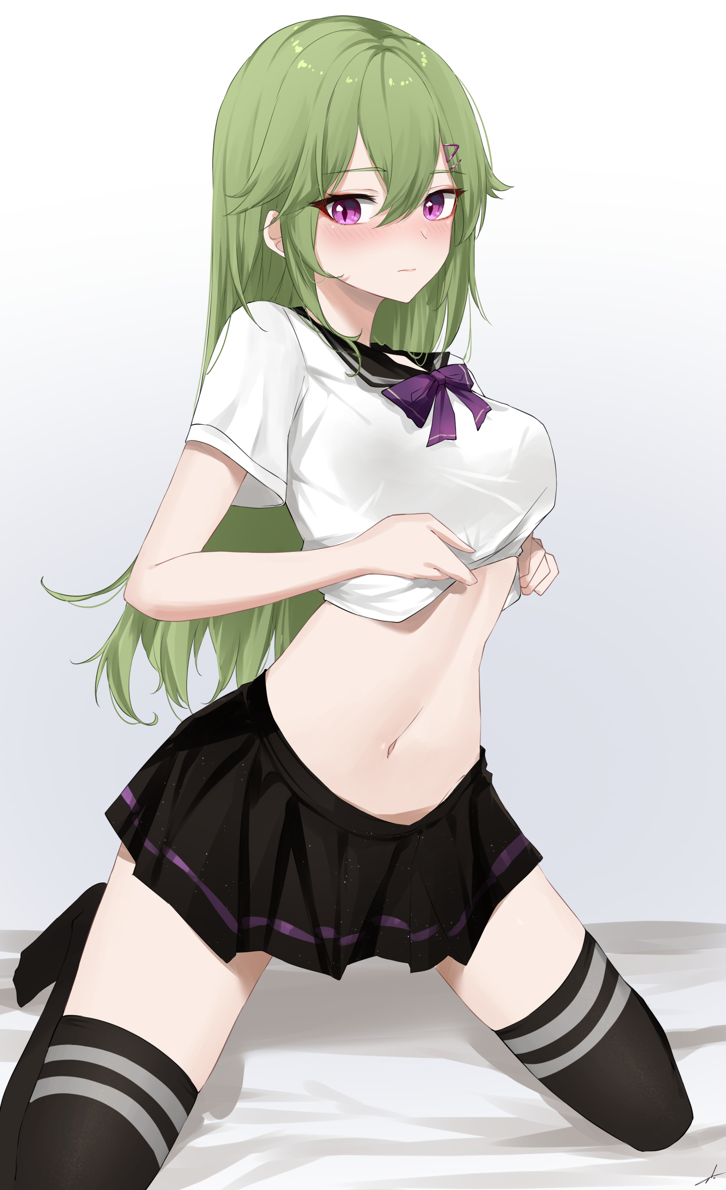 1girls, alternate hairstyle, belly, belly button, black skirt, blush, bow, closed mouth, clothed, clothes lift, clothing, cute, feintheart721, female, female focus, female only, genshin impact, green hair, hair down, kuki shinobu, leggings, legwear, lifting shirt, long hair, looking at viewer, midriff, mouth closed, navel, on knees, purple eyes, school uniform, schoolgirl, shirt, shirt lift, shirt up, sitting, skirt, solo, solo female, solo focus, stomach, thighhighs, thighs, uniform, white shirt, young