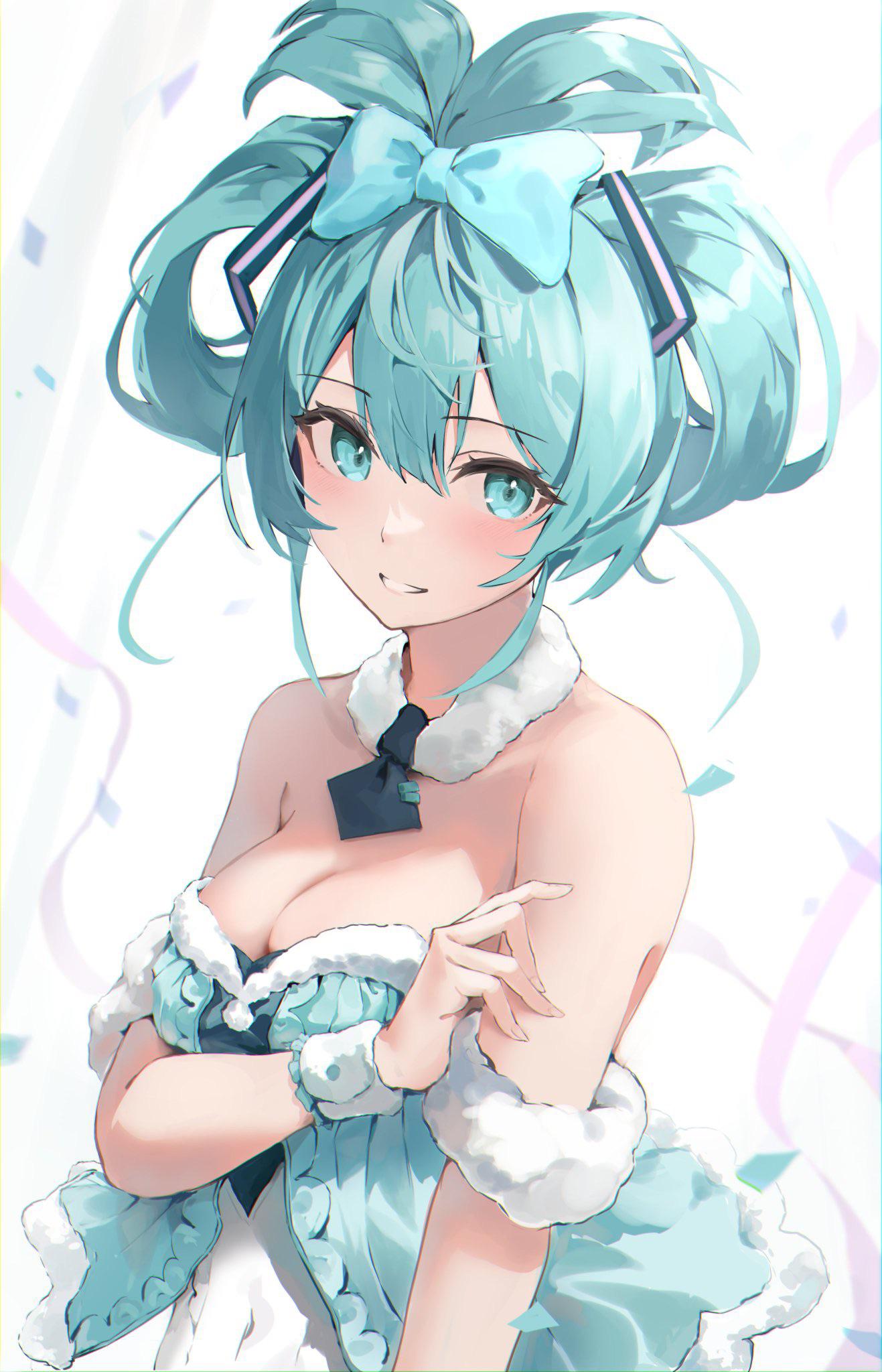 1girl, aqua bow, aqua eyes, aqua hair, bangs, bare shoulders, blue bow, blue eyes, blue hair, blush, bow, bowtie, breasts, choker, cleavage, confetti, covered navel, detached collar, dress, ear bow, female, female only, fur collar, fur trim, hair bow, hair ornament, hair ribbon, hair rings, hatsune miku, large breasts, leotard, looking at viewer, medium breasts, necktie, parted lips, short necktie, shoulders, sidelocks, smile, solo, strapless, twintails, updo, upper body, vocaloid, white background, wrist cuffs